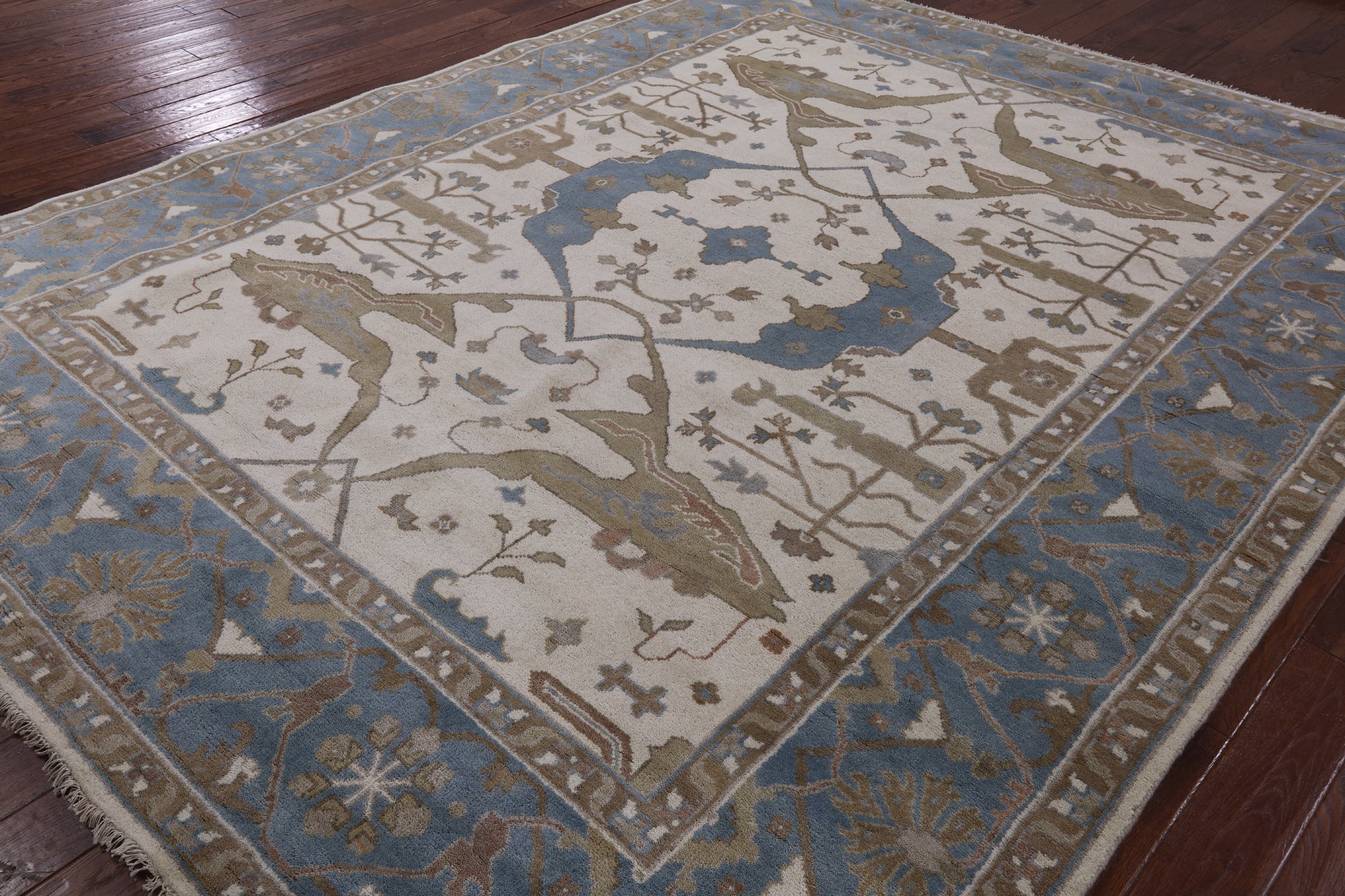 Ivory Turkish Oushak Hand Knotted Wool Area Rug - 9' 2" X 11' 9" - Golden Nile