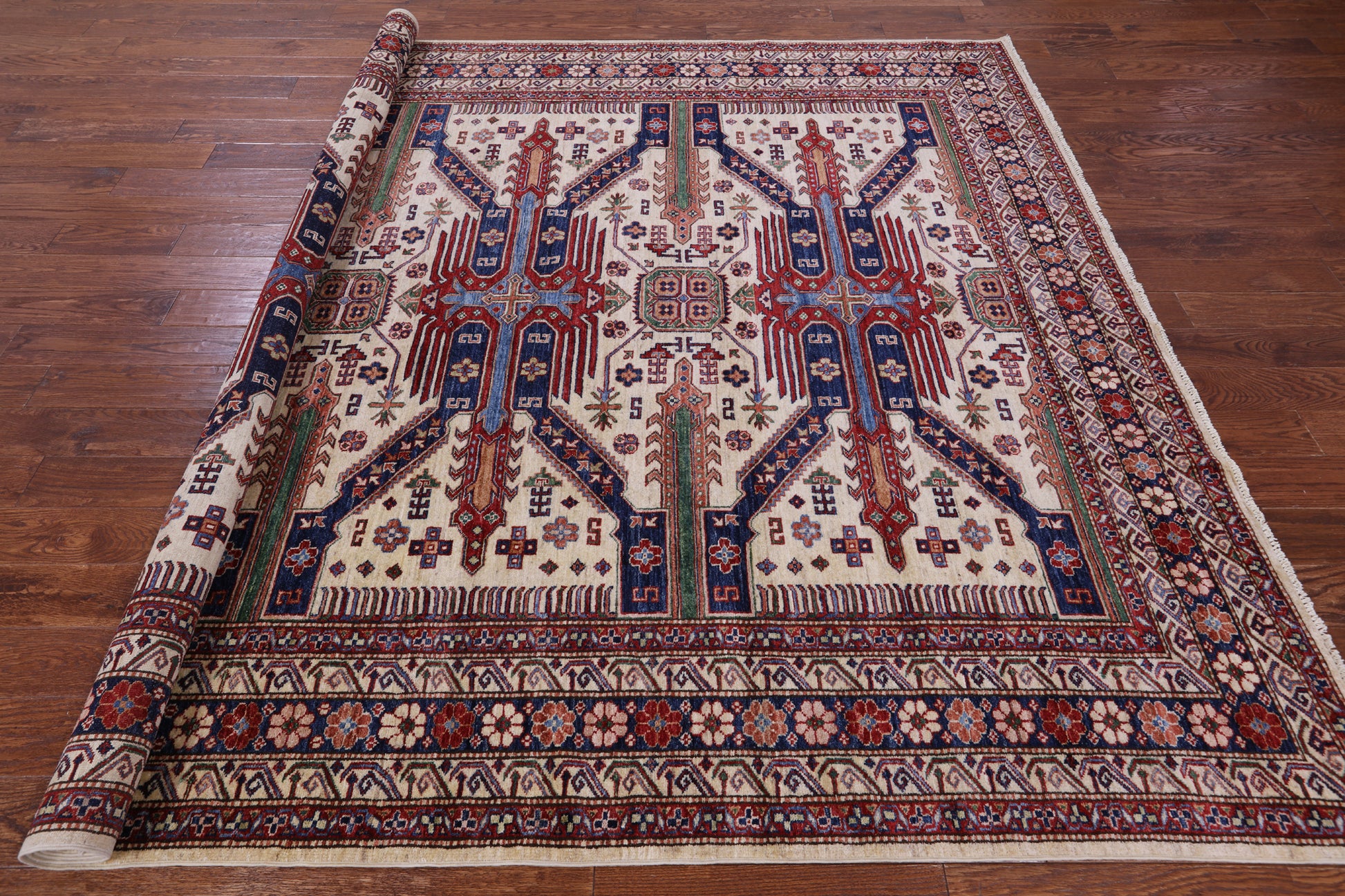 Ivory Super Kazak Hand Knotted Wool Rug - 8' 4" X 10' 0" - Golden Nile