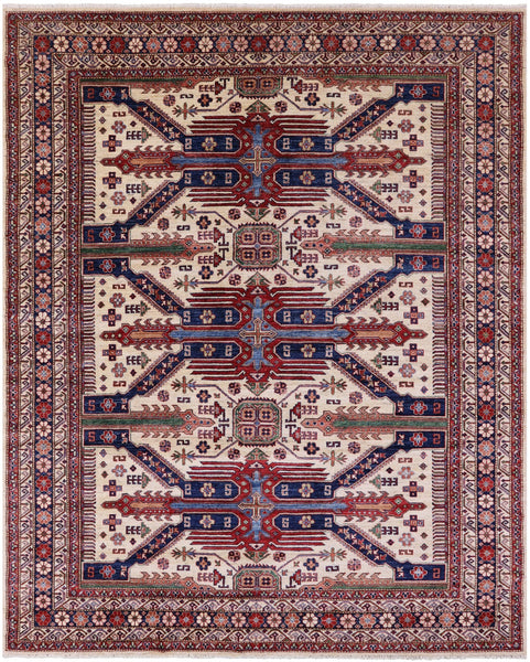 Ivory Super Kazak Hand Knotted Wool Rug - 8' 4" X 10' 0" - Golden Nile