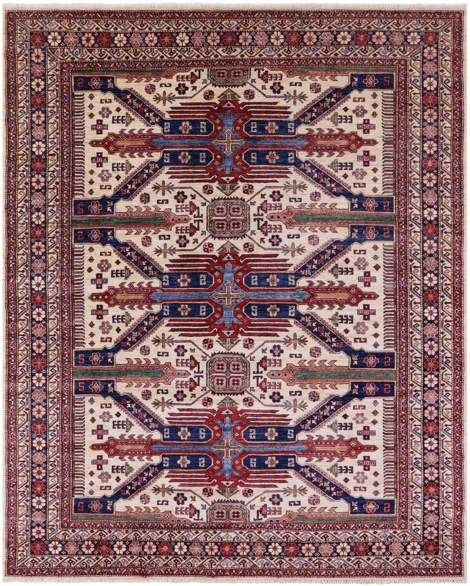 Ivory Super Kazak Hand Knotted Wool Rug - 8' 4" X 10' 0" - Golden Nile
