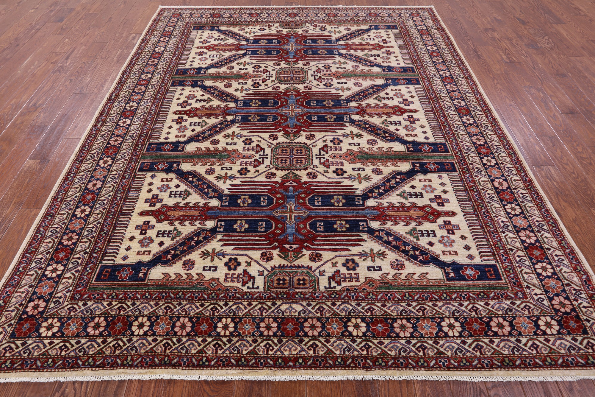 Ivory Super Kazak Hand Knotted Wool Rug - 8' 4" X 10' 0" - Golden Nile