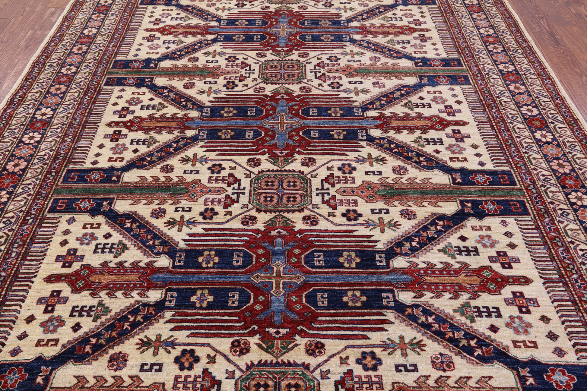 Ivory Super Kazak Hand Knotted Wool Rug - 8' 4" X 10' 0" - Golden Nile