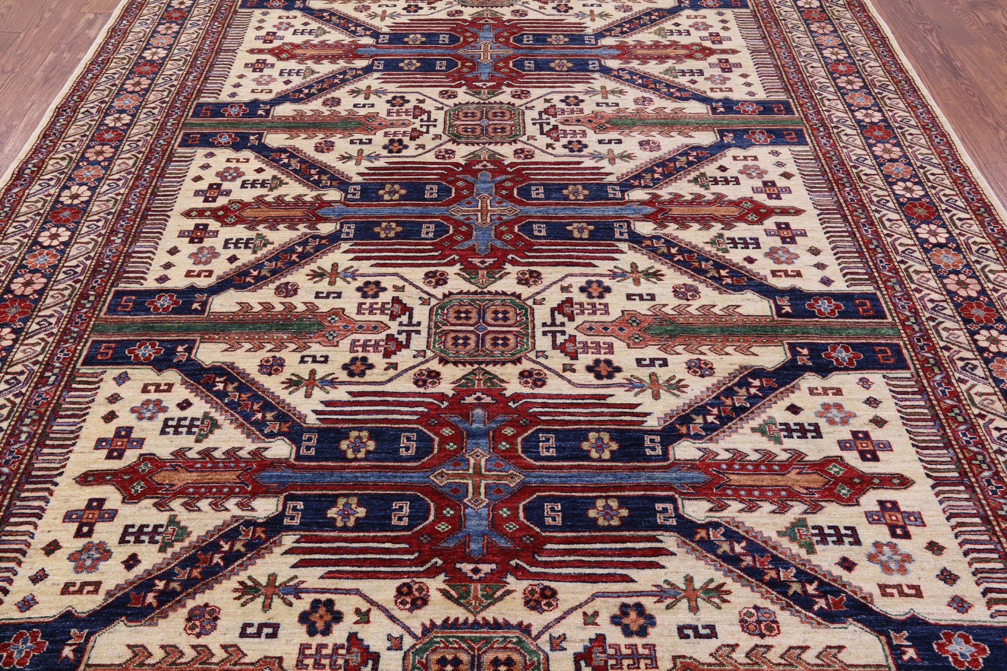 Ivory Super Kazak Hand Knotted Wool Rug - 8' 4" X 10' 0" - Golden Nile