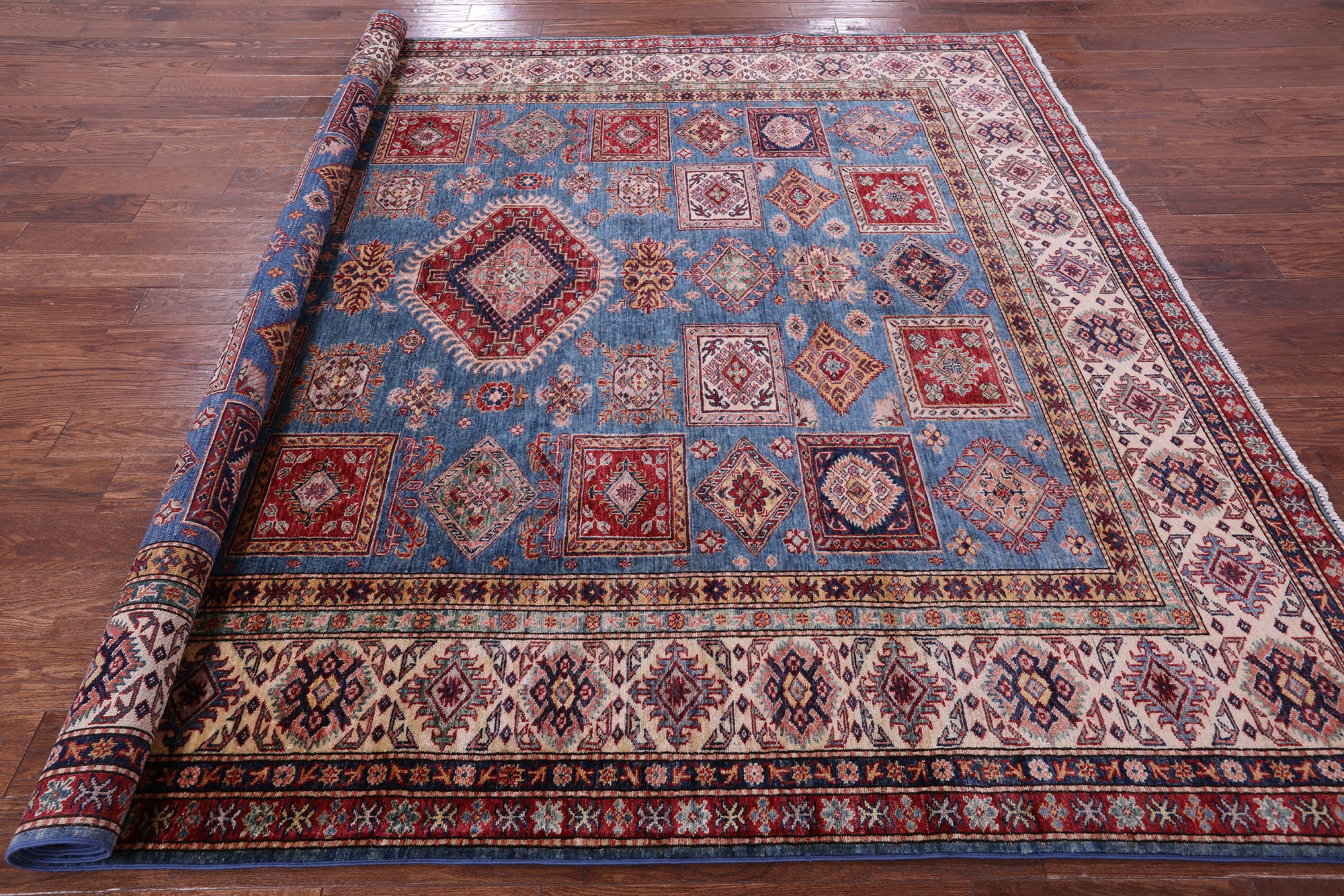 Blue Super Kazak Hand Knotted Wool Rug - 8' 2" X 9' 9" - Golden Nile