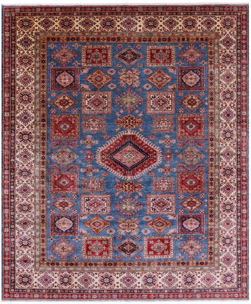 Blue Super Kazak Hand Knotted Wool Rug - 8' 2" X 9' 9" - Golden Nile