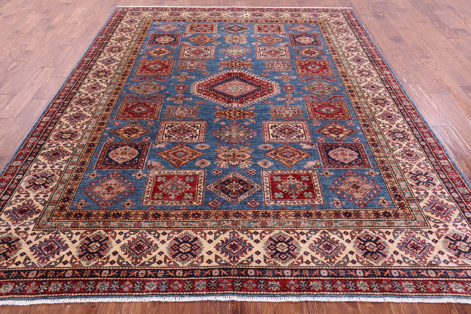 Blue Super Kazak Hand Knotted Wool Rug - 8' 2" X 9' 9" - Golden Nile