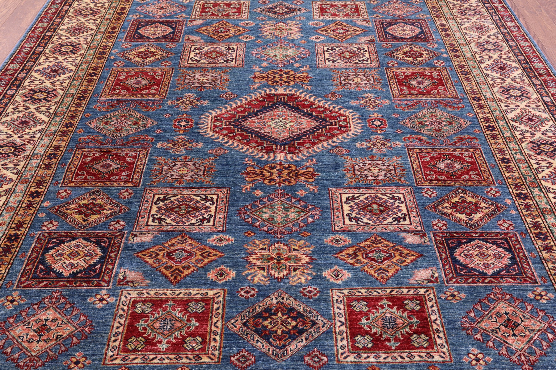 Blue Super Kazak Hand Knotted Wool Rug - 8' 2" X 9' 9" - Golden Nile