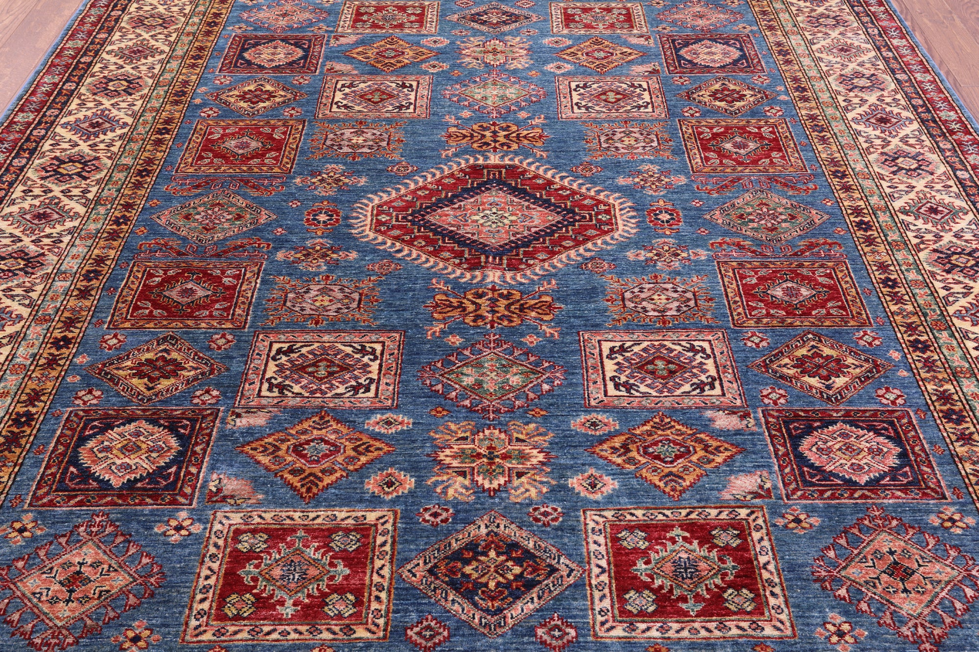 Blue Super Kazak Hand Knotted Wool Rug - 8' 2" X 9' 9" - Golden Nile