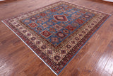 Blue Super Kazak Hand Knotted Wool Rug - 8' 2" X 9' 9" - Golden Nile