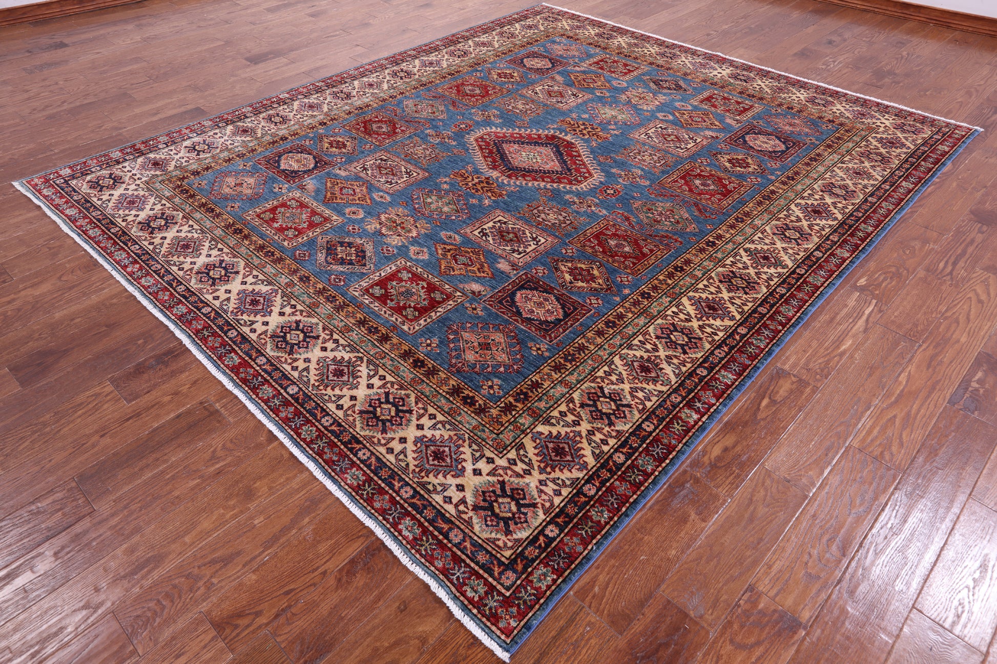 Blue Super Kazak Hand Knotted Wool Rug - 8' 2" X 9' 9" - Golden Nile