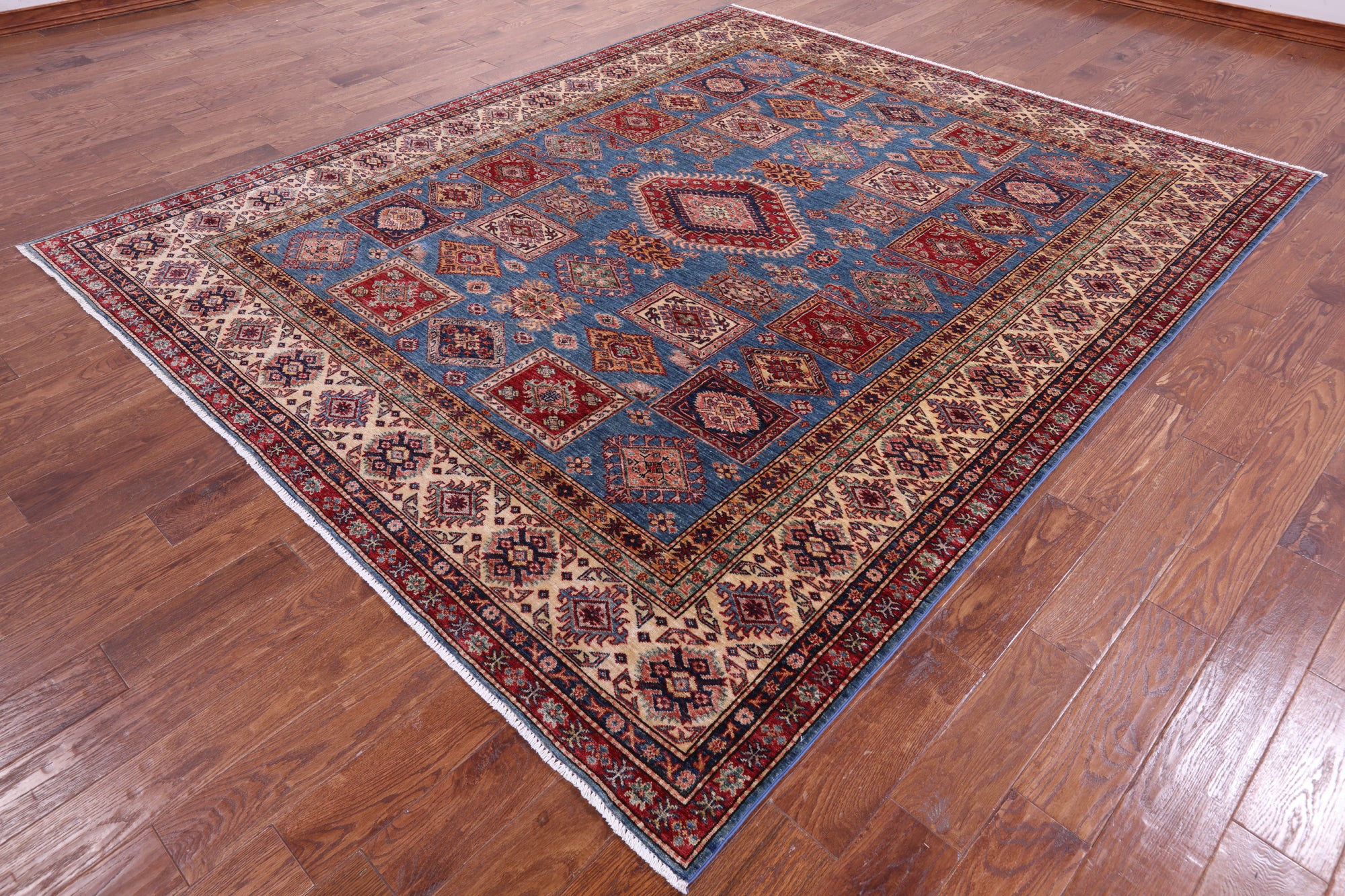 Blue Super Kazak Hand Knotted Wool Rug - 8' 2" X 9' 9" - Golden Nile