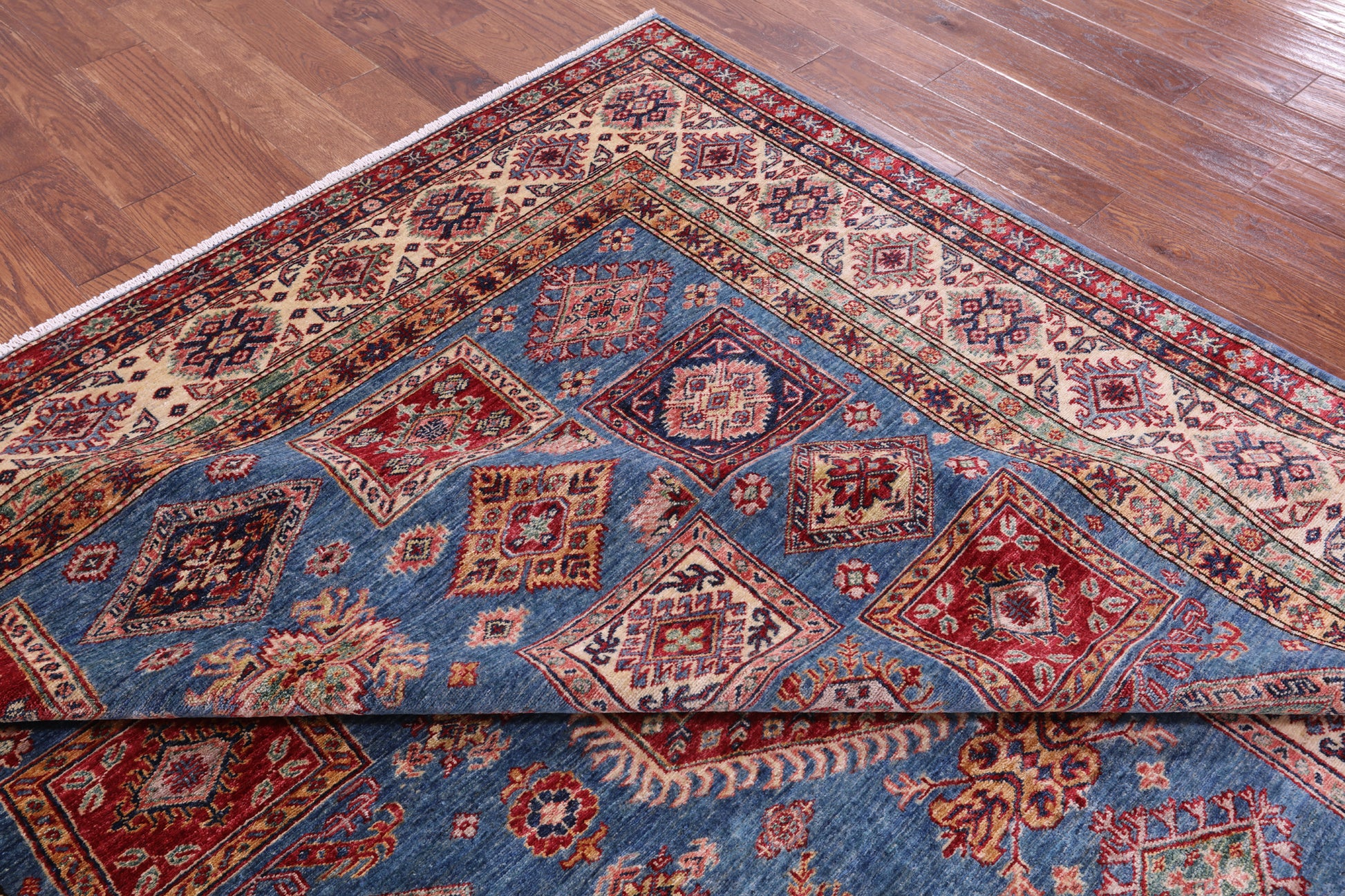 Blue Super Kazak Hand Knotted Wool Rug - 8' 2" X 9' 9" - Golden Nile