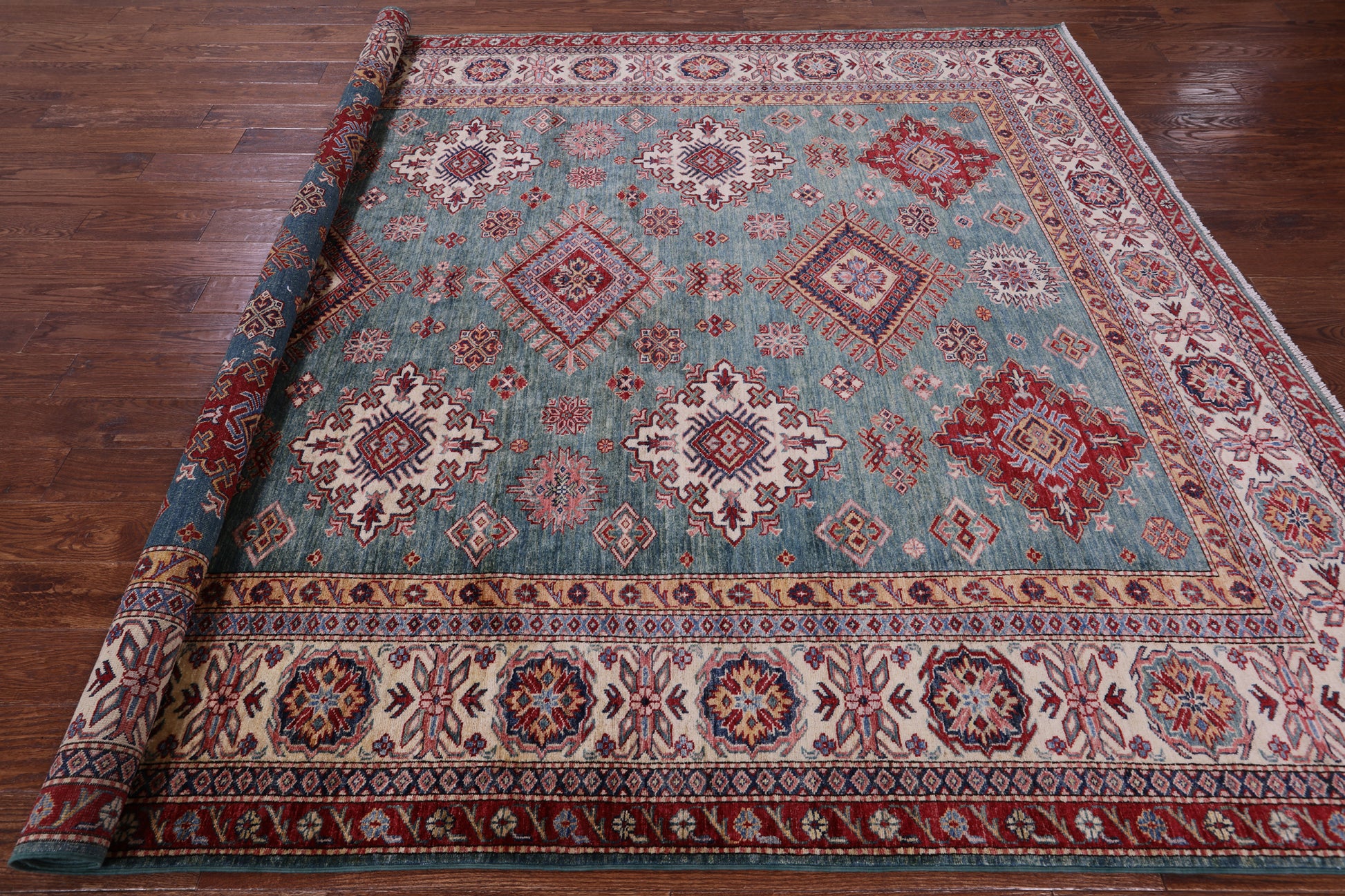 Green Super Kazak Hand Knotted Wool Rug - 8' 1" X 9' 11" - Golden Nile