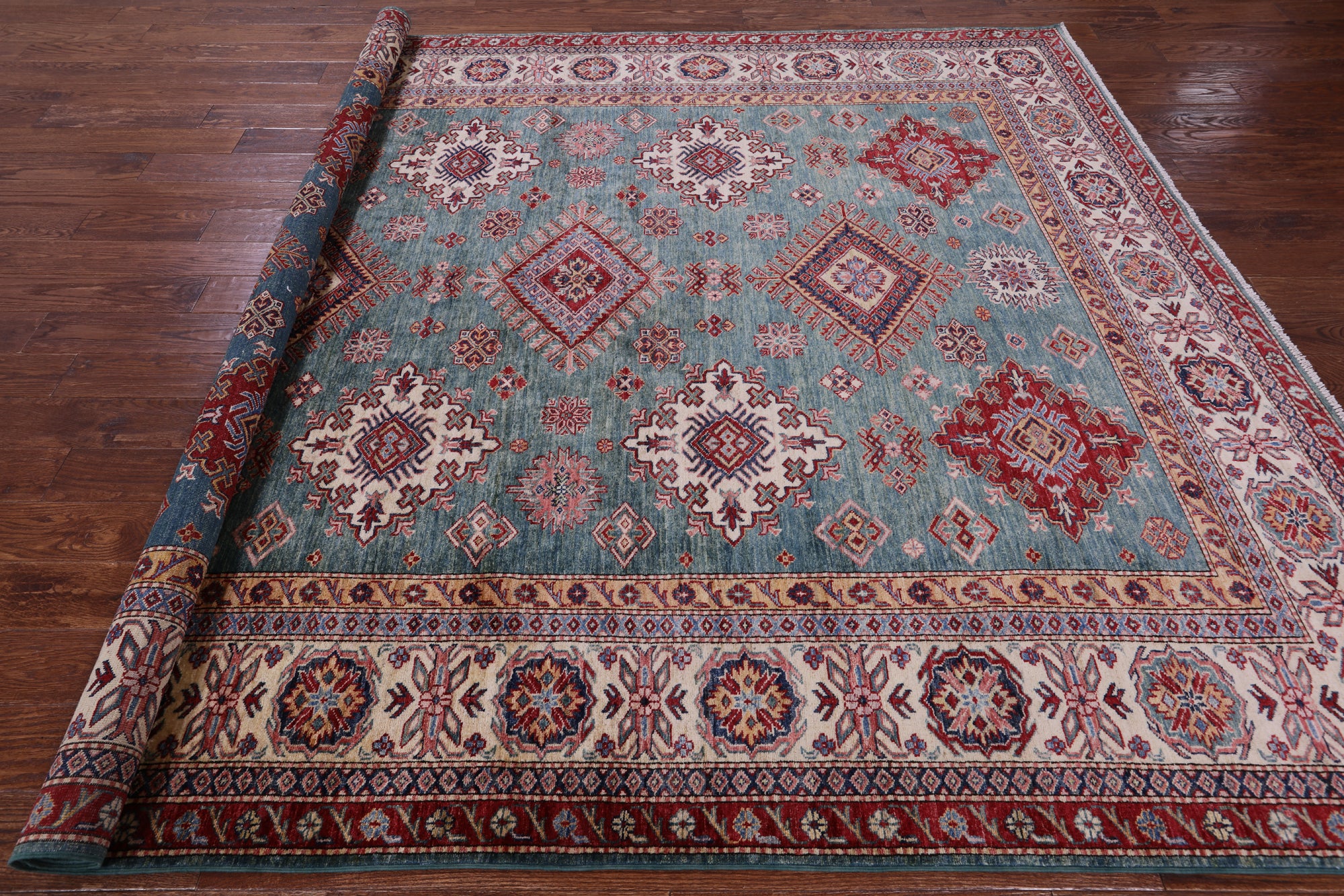 Green Super Kazak Hand Knotted Wool Rug - 8' 1" X 9' 11" - Golden Nile