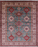 Green Super Kazak Hand Knotted Wool Rug - 8' 1" X 9' 11" - Golden Nile
