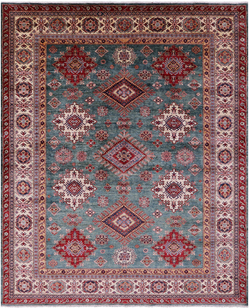 Green Super Kazak Hand Knotted Wool Rug - 8' 1" X 9' 11" - Golden Nile