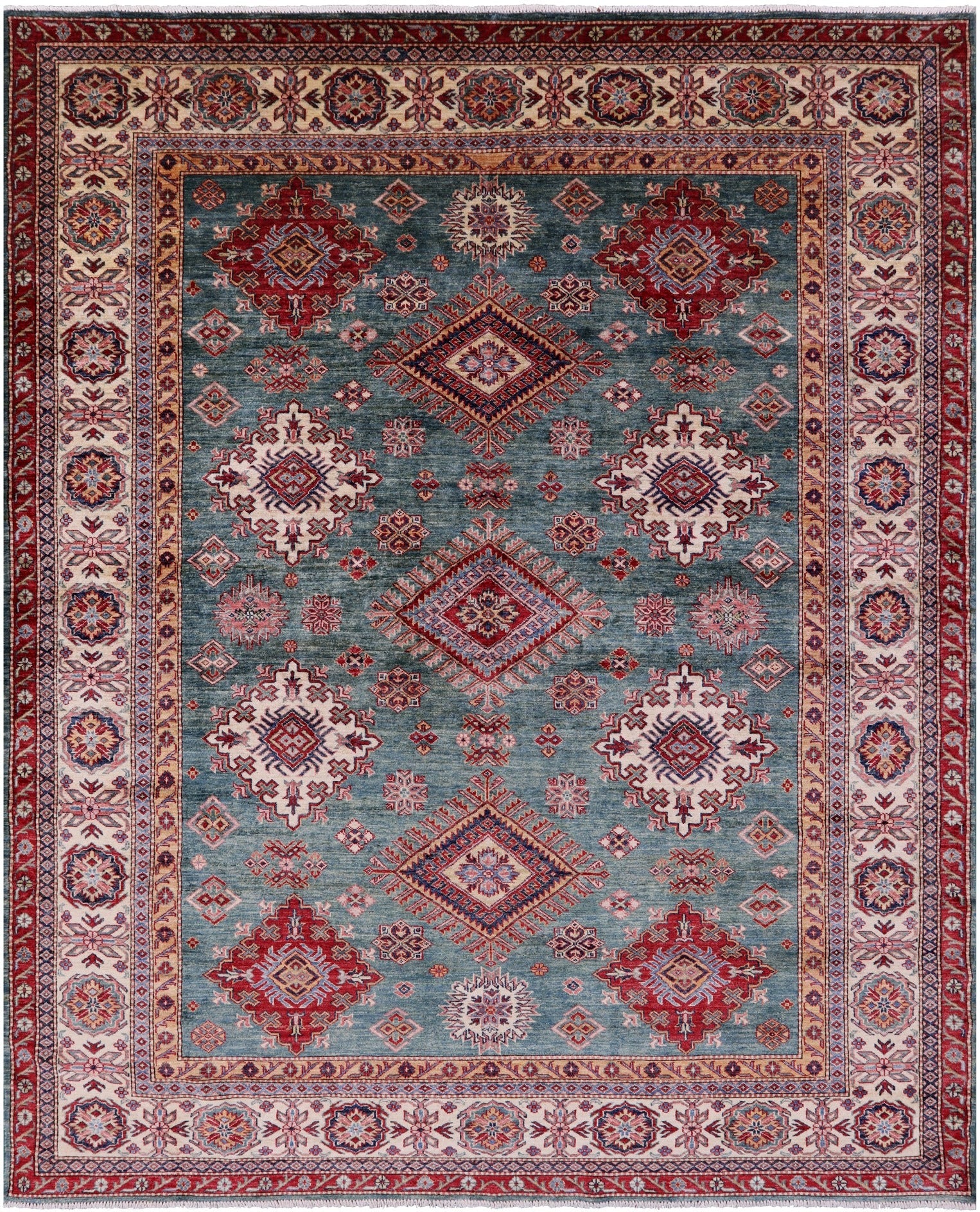Green Super Kazak Hand Knotted Wool Rug - 8' 1" X 9' 11" - Golden Nile