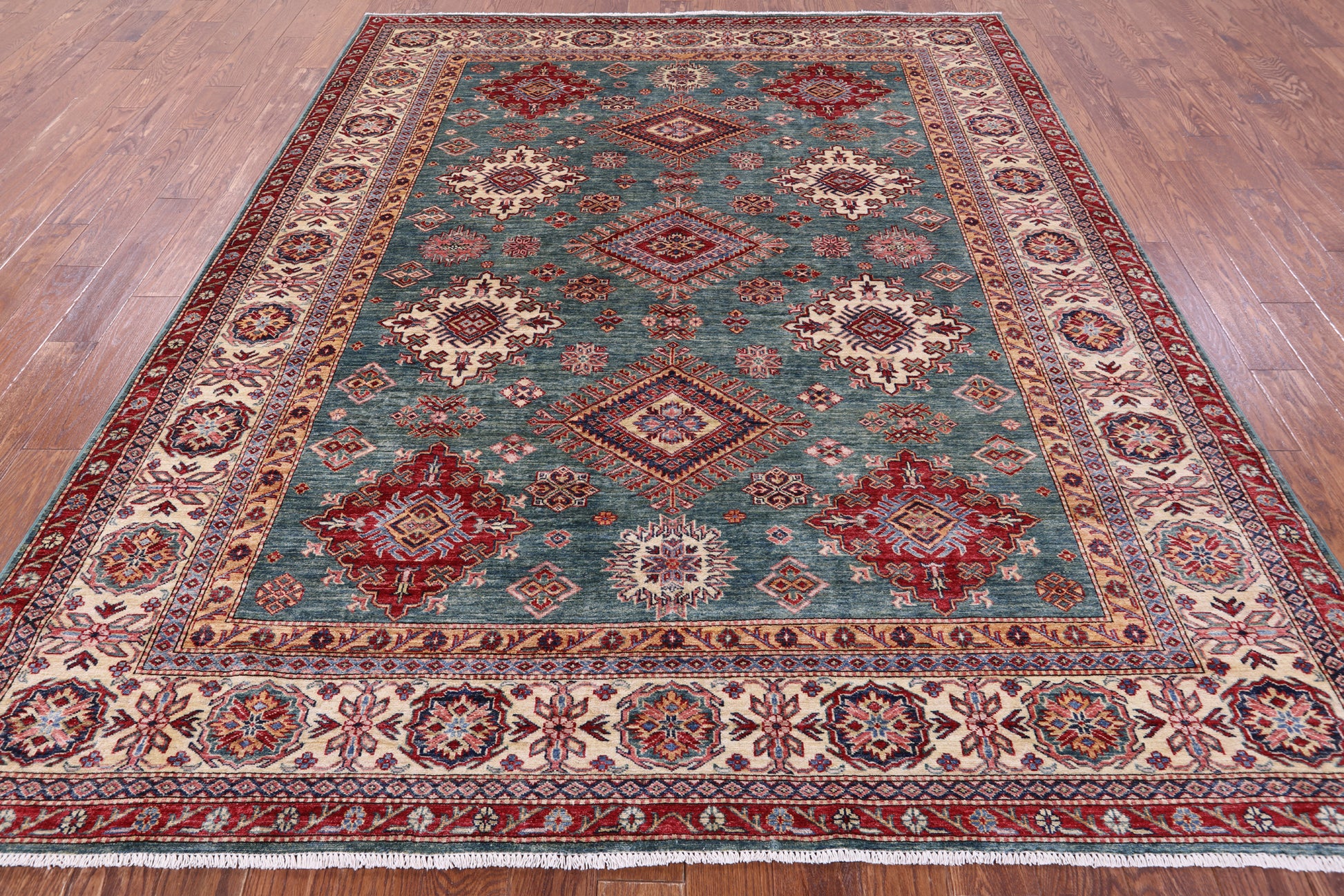 Green Super Kazak Hand Knotted Wool Rug - 8' 1" X 9' 11" - Golden Nile