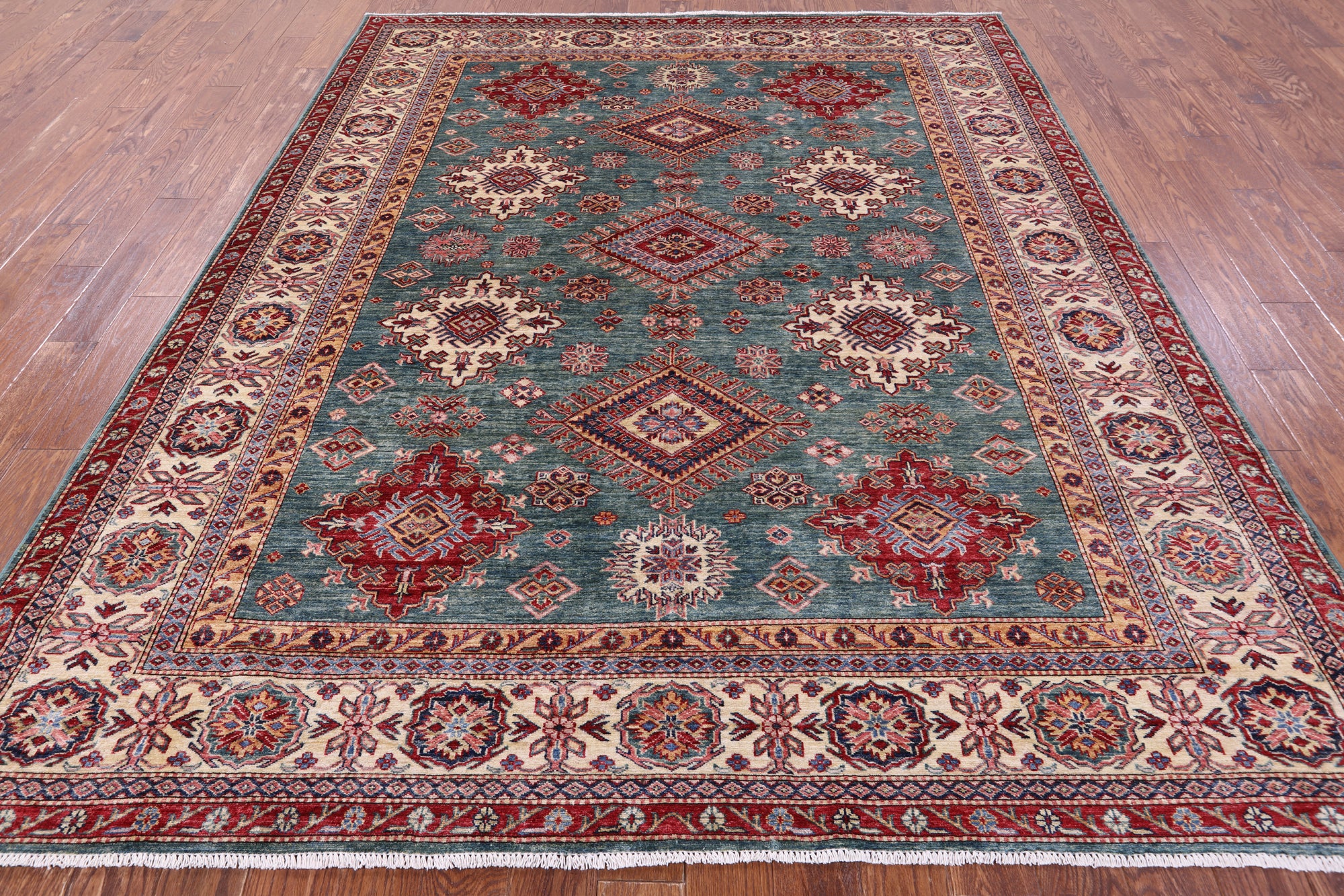 Green Super Kazak Hand Knotted Wool Rug - 8' 1" X 9' 11" - Golden Nile