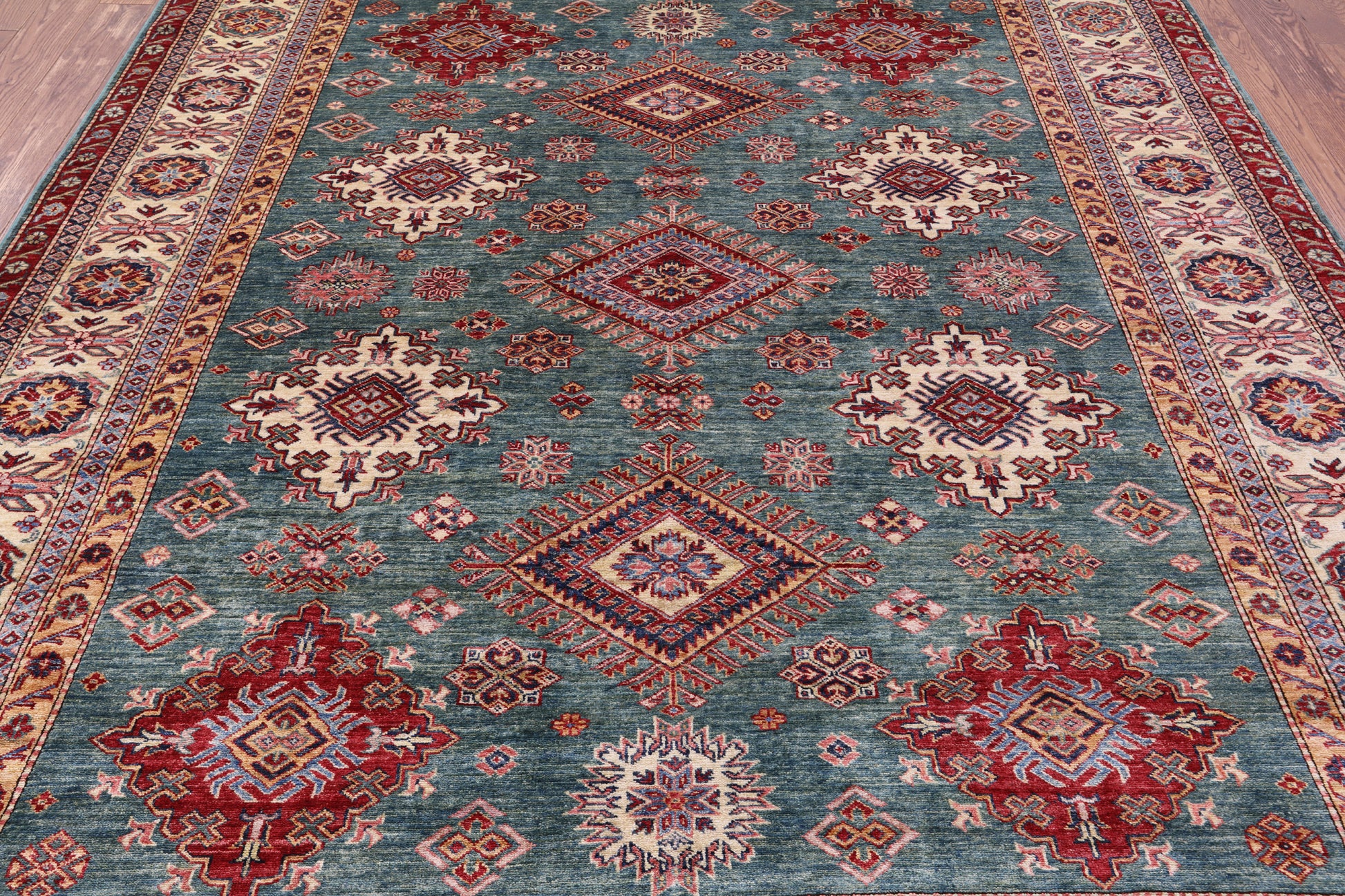 Green Super Kazak Hand Knotted Wool Rug - 8' 1" X 9' 11" - Golden Nile