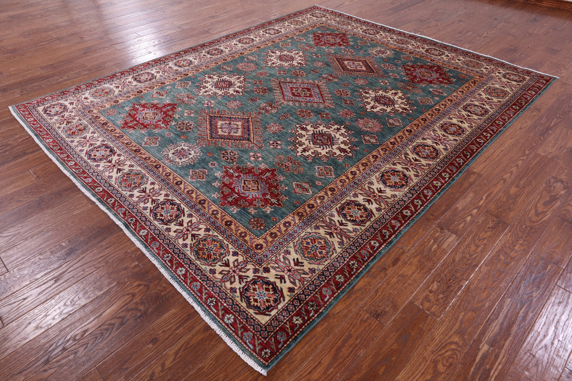 Green Super Kazak Hand Knotted Wool Rug - 8' 1" X 9' 11" - Golden Nile