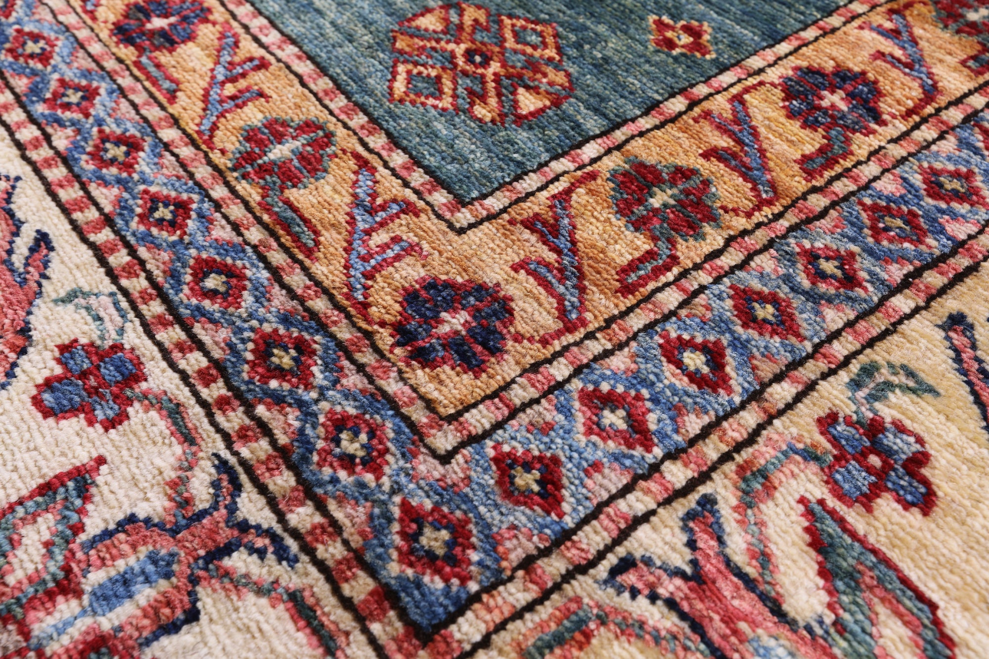 Green Super Kazak Hand Knotted Wool Rug - 8' 1" X 9' 11" - Golden Nile