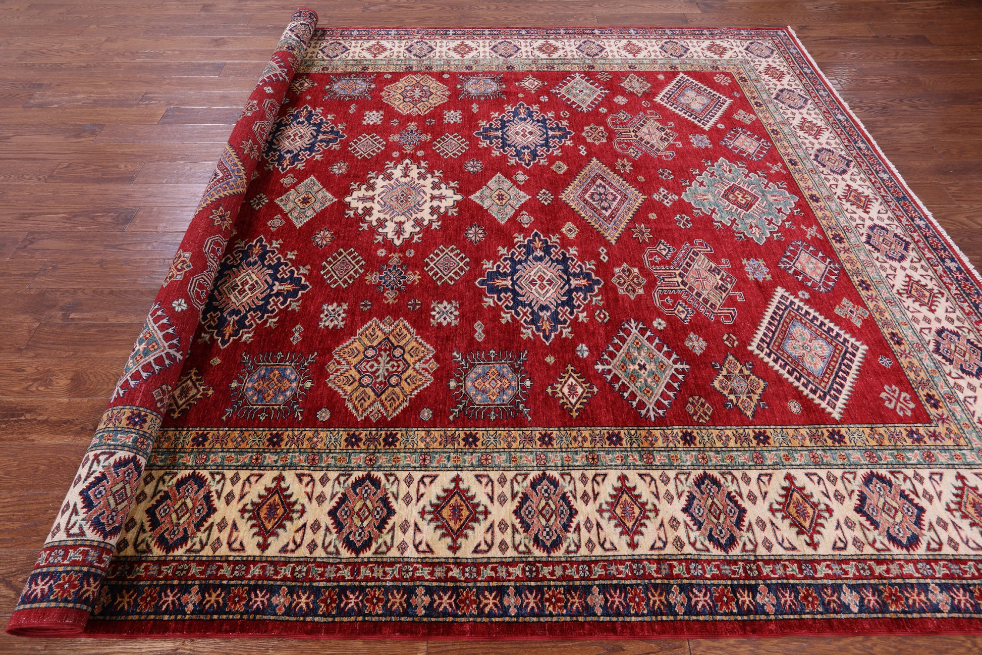 Red Super Kazak Hand Knotted Wool Rug - 8' 10" X 11' 10" - Golden Nile