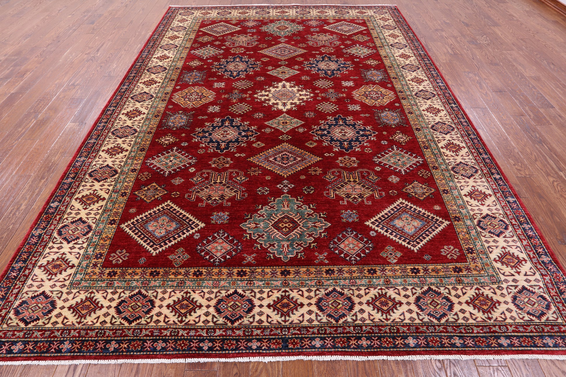 Red Super Kazak Hand Knotted Wool Rug - 8' 10" X 11' 10" - Golden Nile