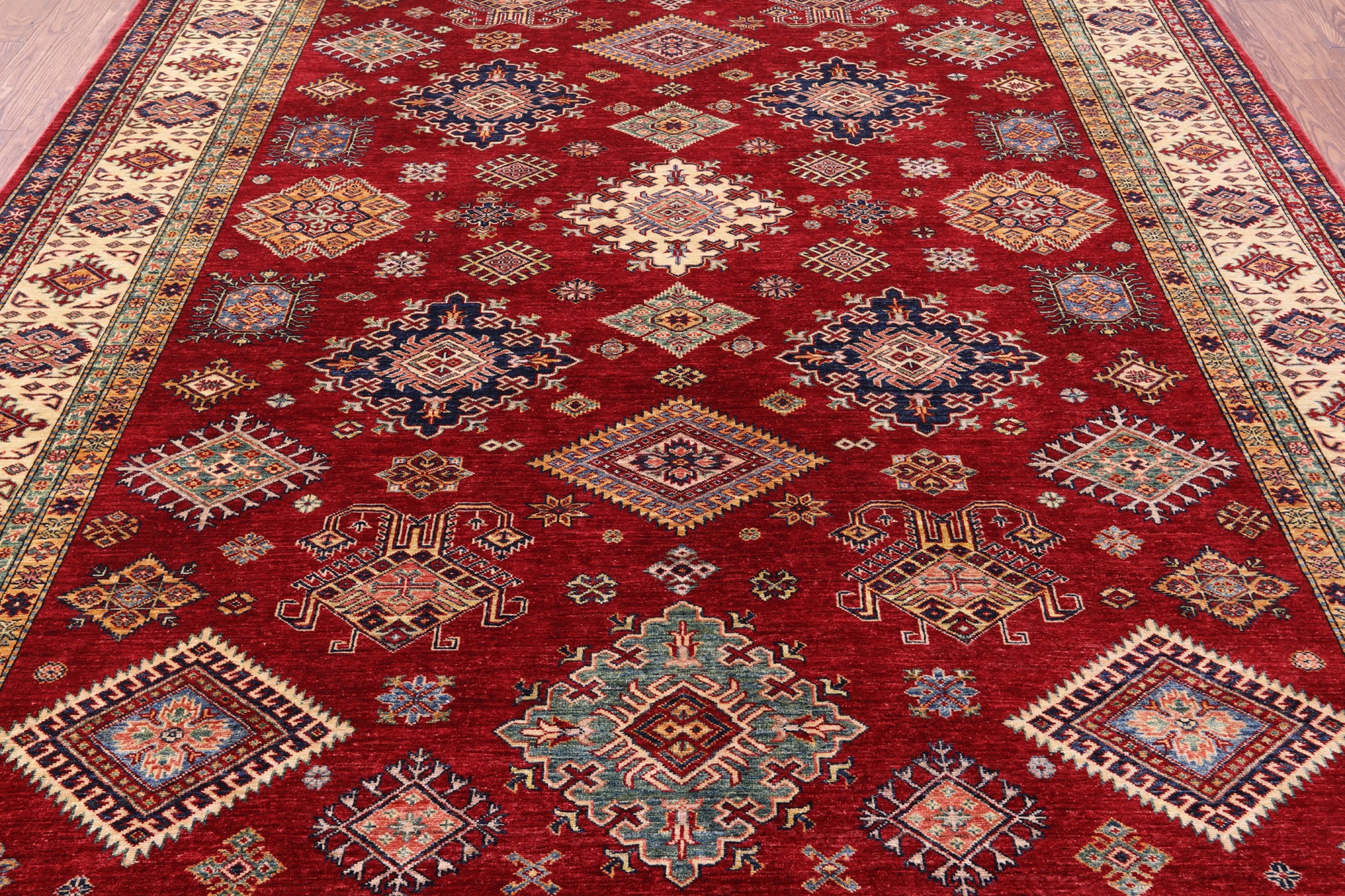 Red Super Kazak Hand Knotted Wool Rug - 8' 10" X 11' 10" - Golden Nile