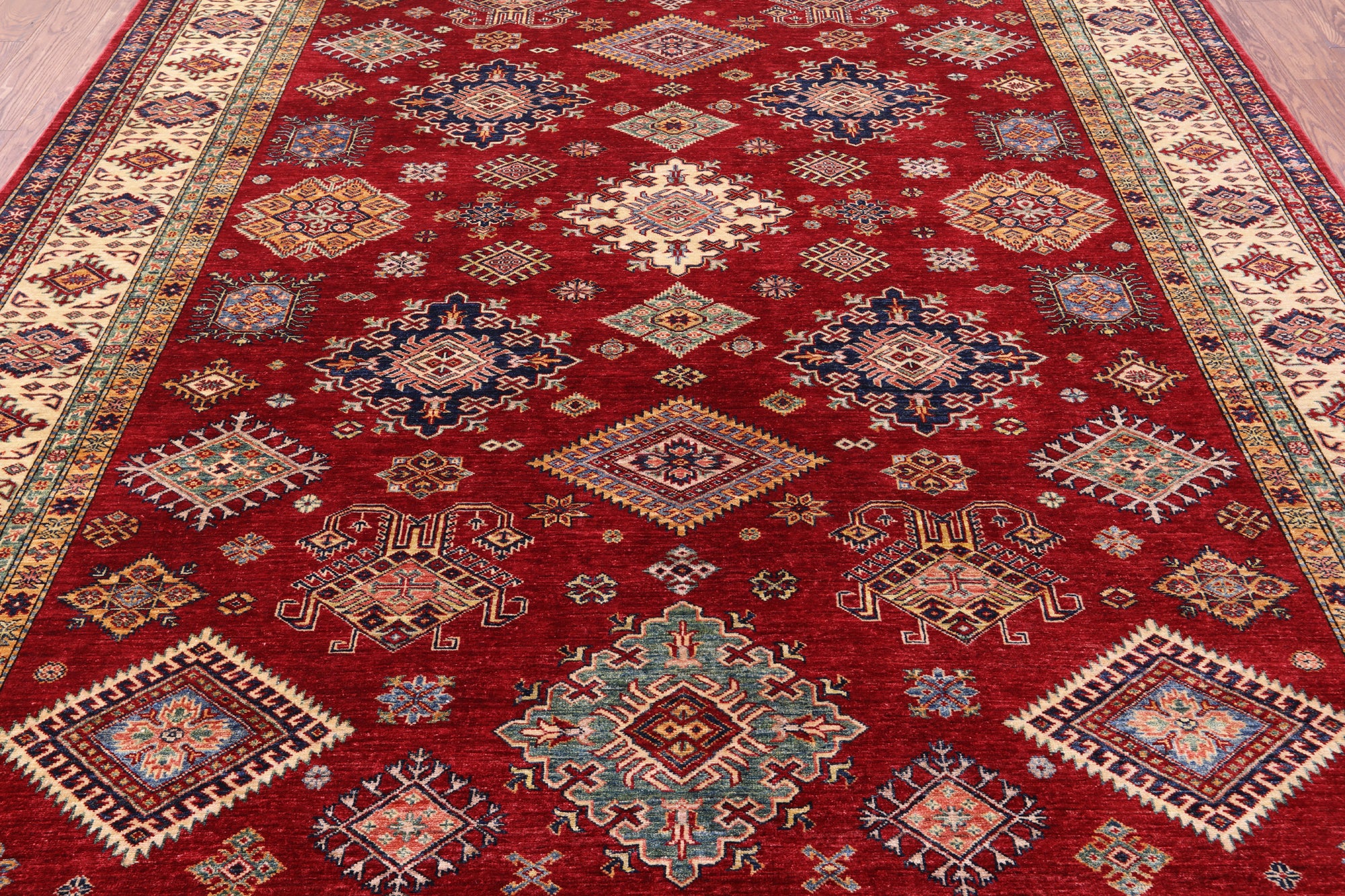 Red Super Kazak Hand Knotted Wool Rug - 8' 10" X 11' 10" - Golden Nile