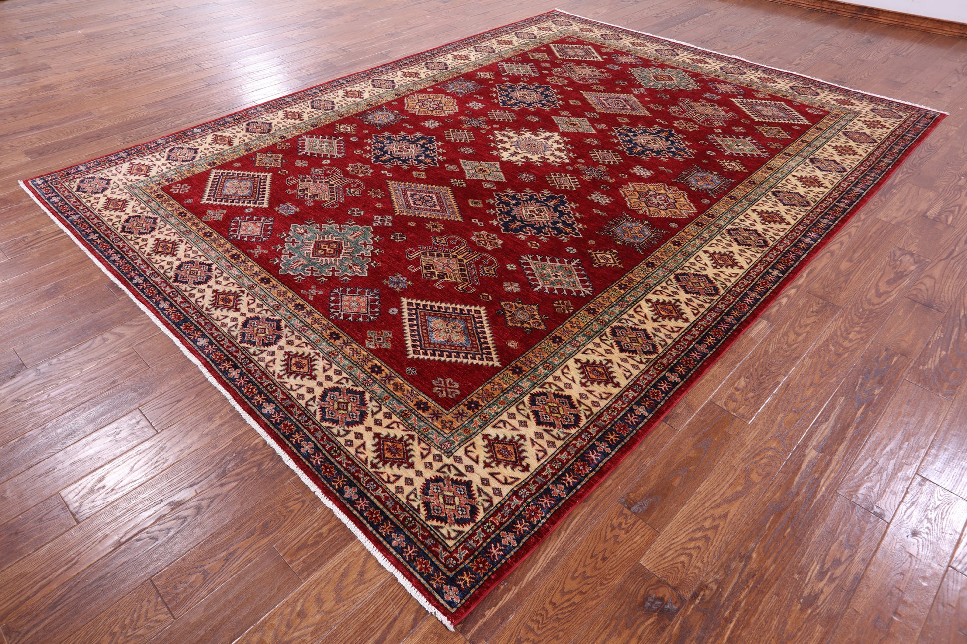 Red Super Kazak Hand Knotted Wool Rug - 8' 10" X 11' 10" - Golden Nile