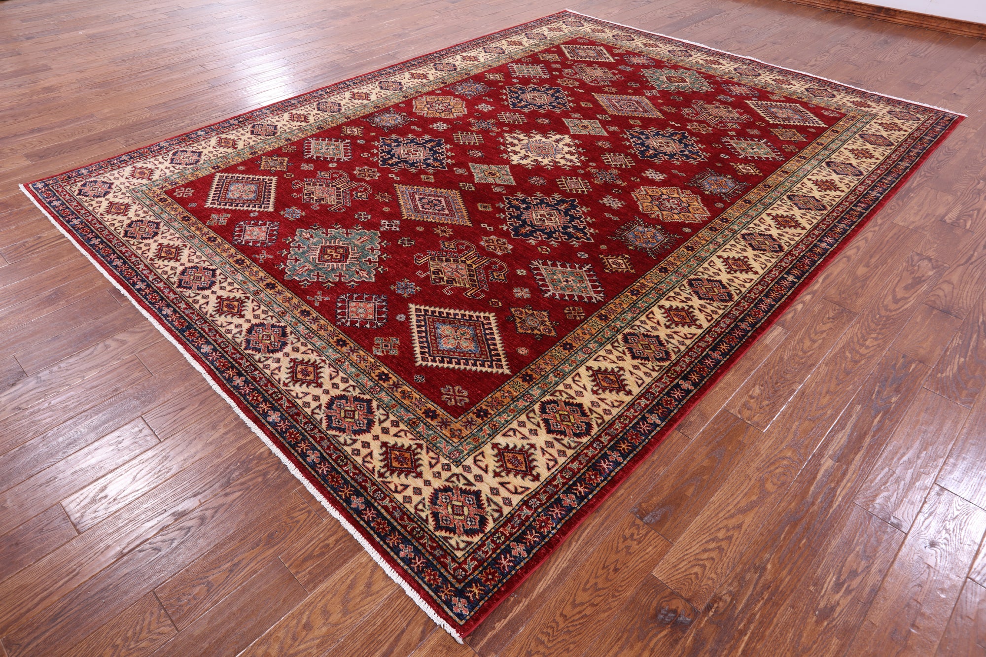 Red Super Kazak Hand Knotted Wool Rug - 8' 10" X 11' 10" - Golden Nile