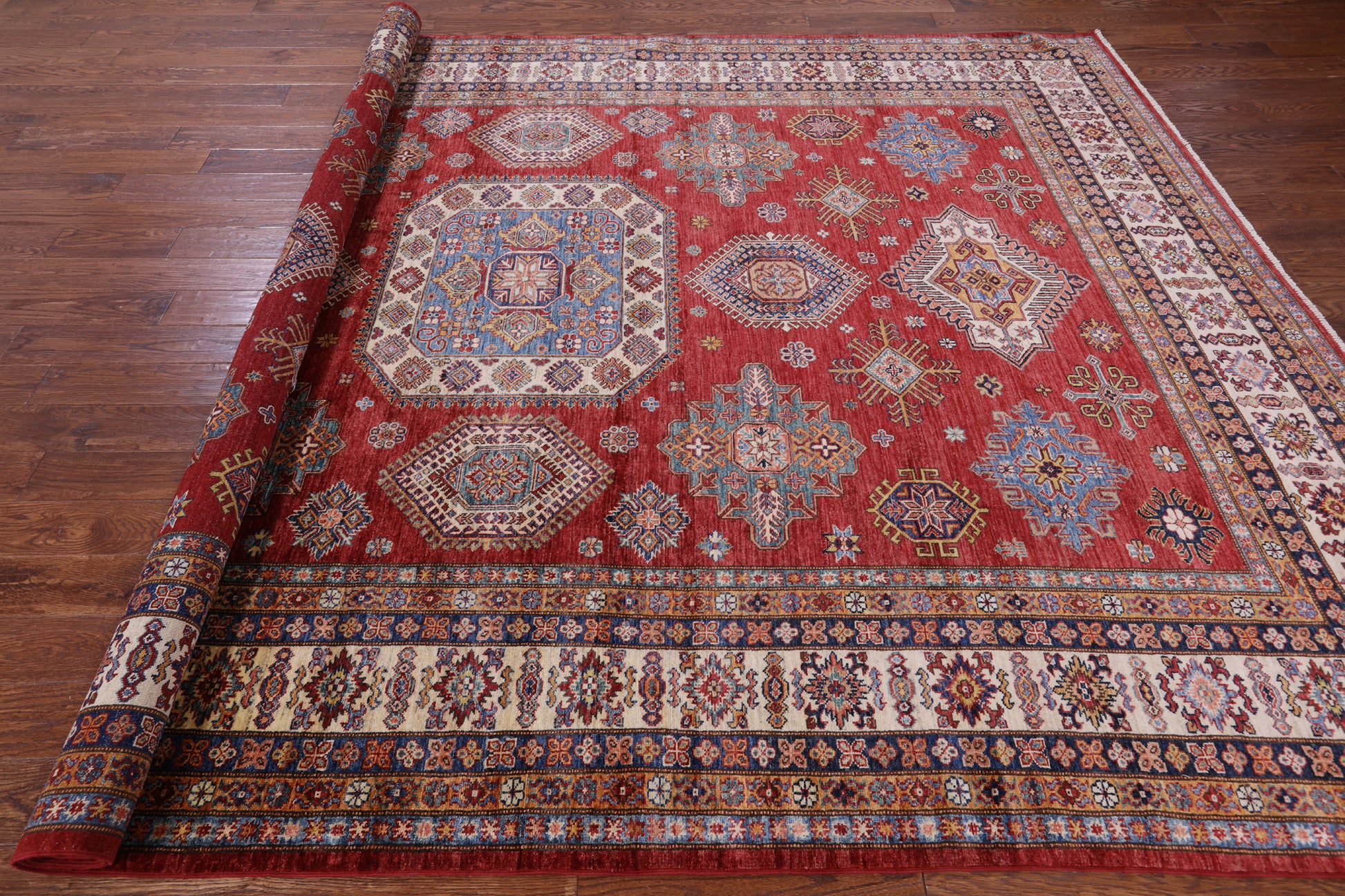 Red Super Kazak Hand Knotted Wool Rug - 8' 10" X 12' 7" - Golden Nile
