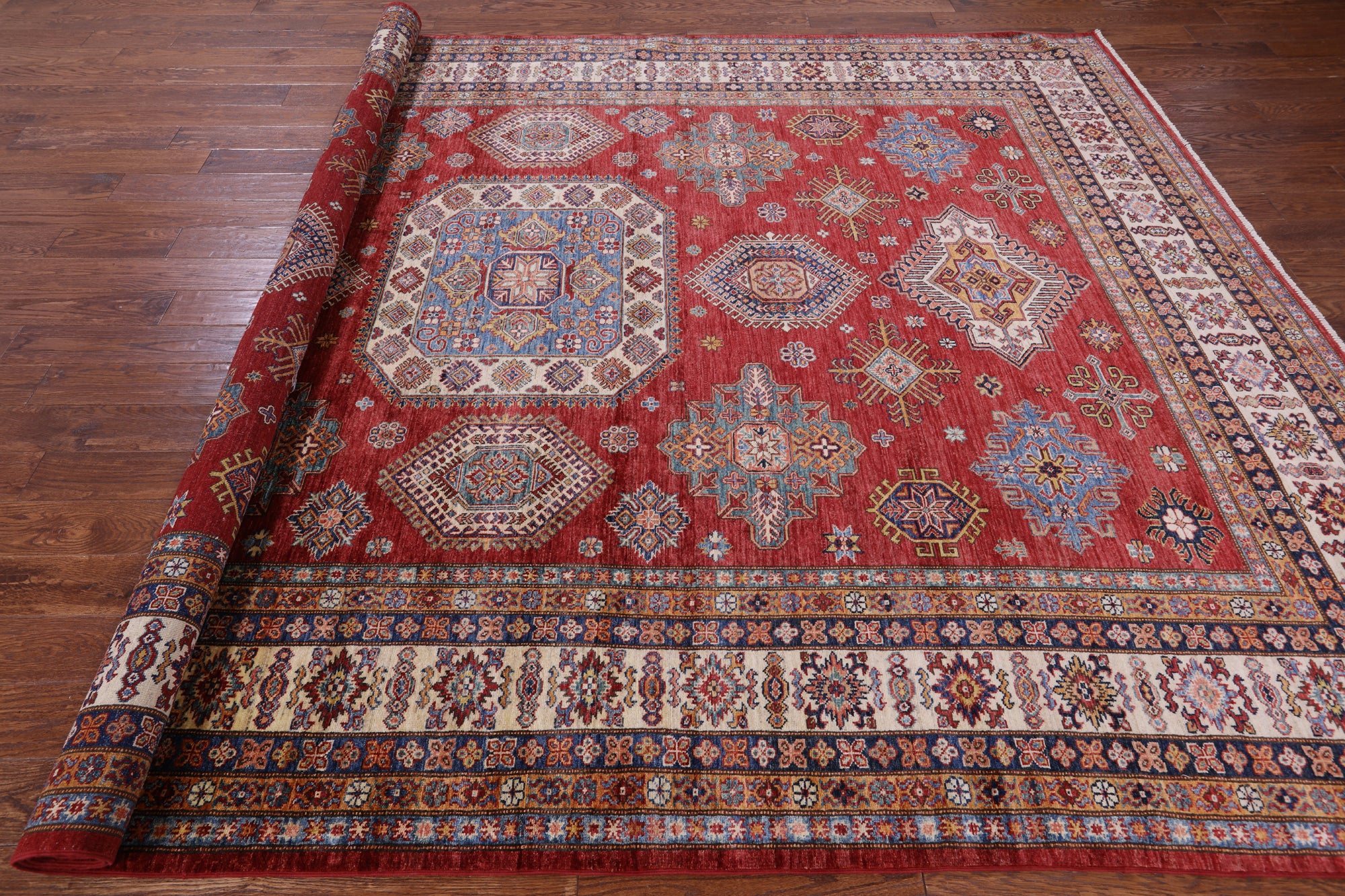 Red Super Kazak Hand Knotted Wool Rug - 8' 10" X 12' 7" - Golden Nile