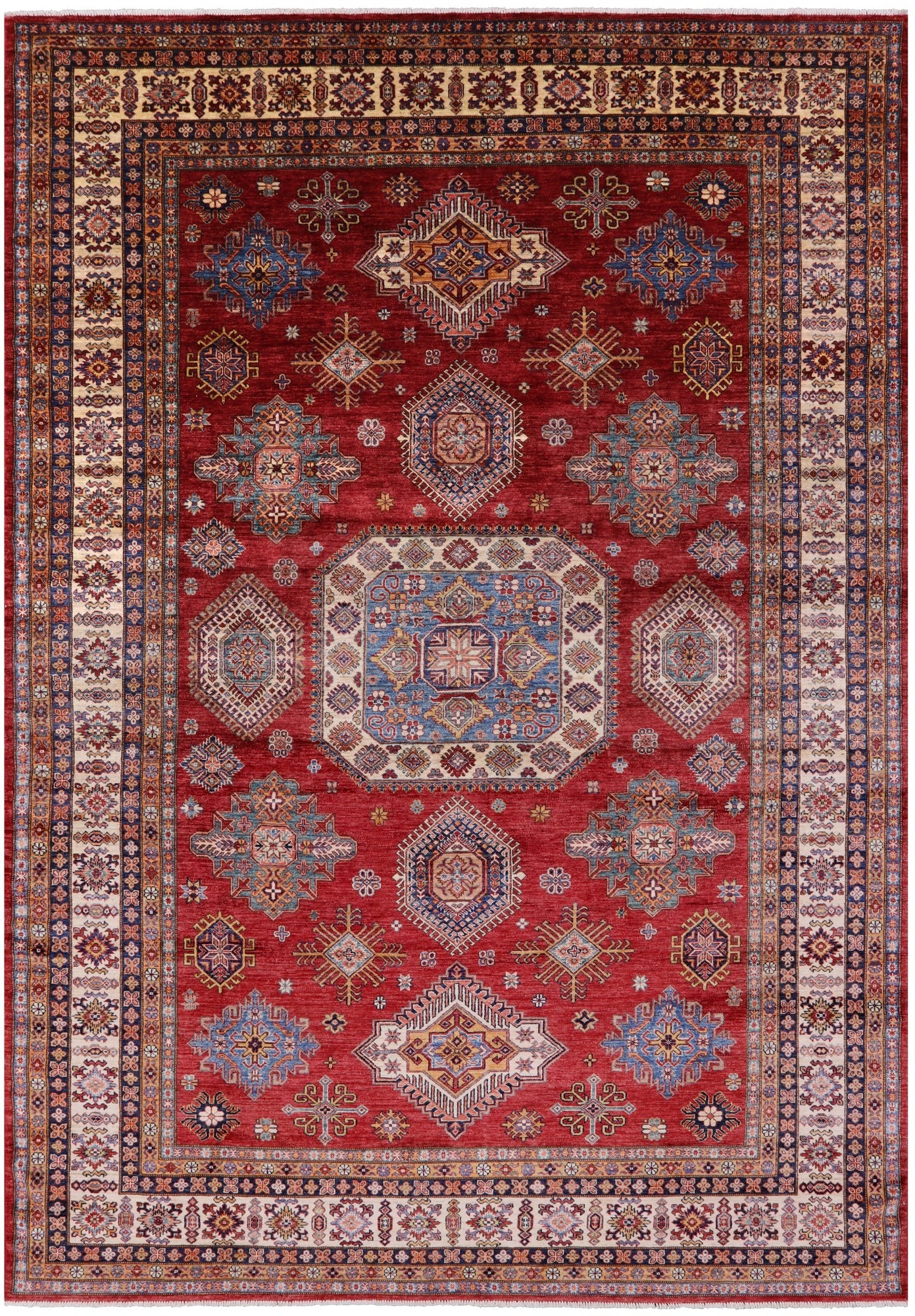 Red Super Kazak Hand Knotted Wool Rug - 8' 10" X 12' 7" - Golden Nile