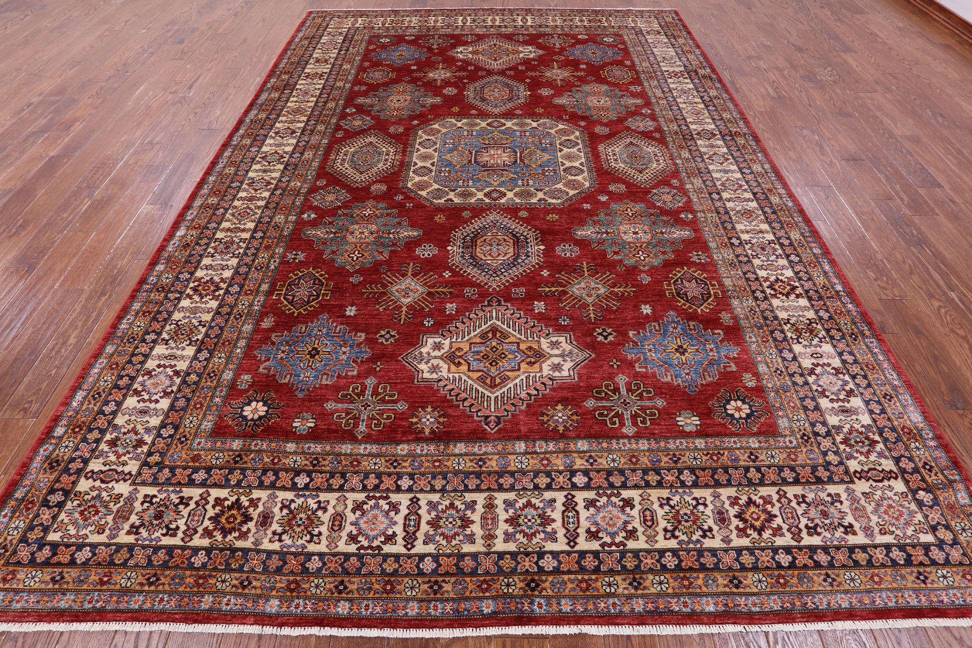 Red Super Kazak Hand Knotted Wool Rug - 8' 10" X 12' 7" - Golden Nile
