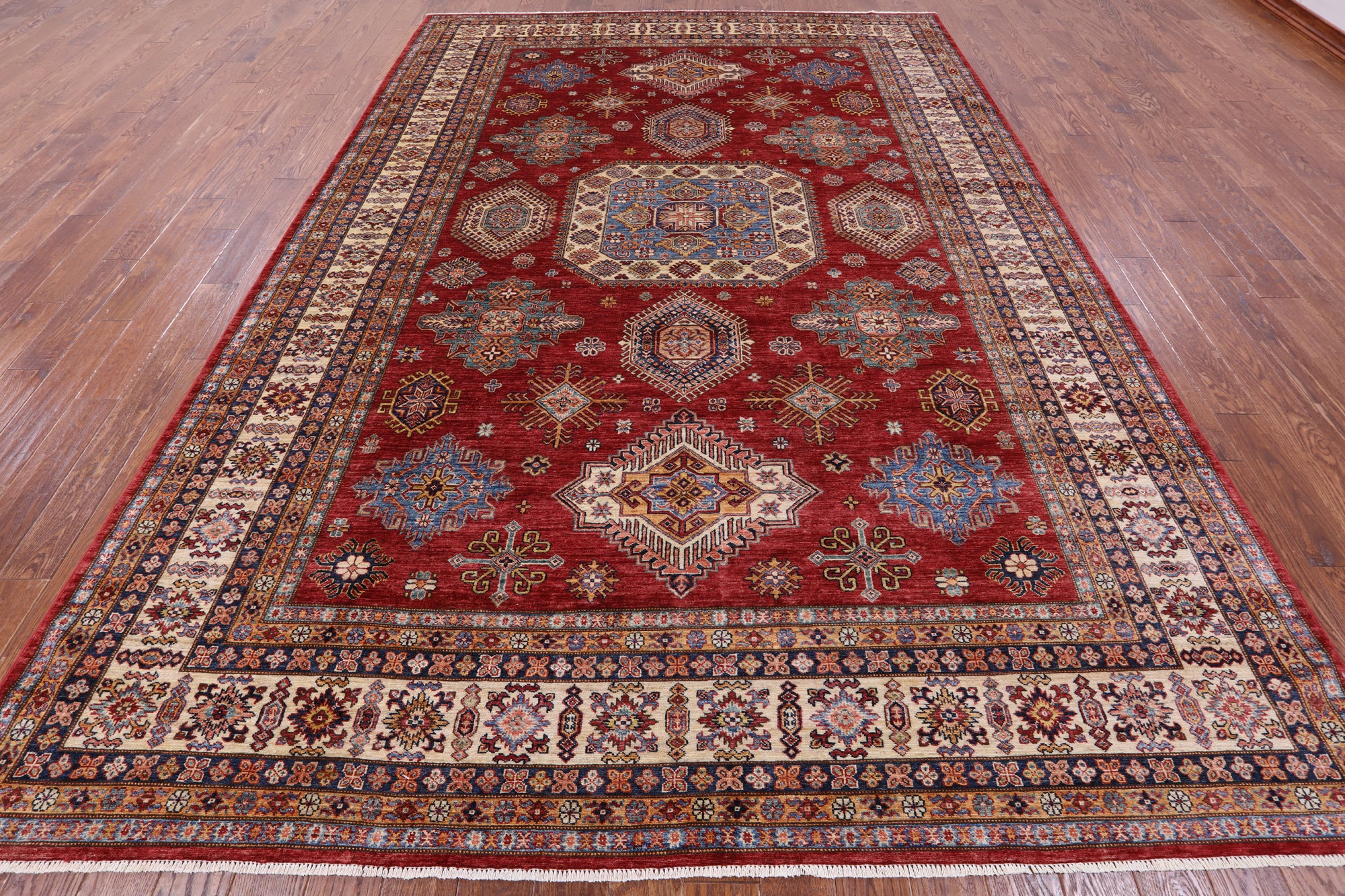 Red Super Kazak Hand Knotted Wool Rug - 8' 10" X 12' 7" - Golden Nile