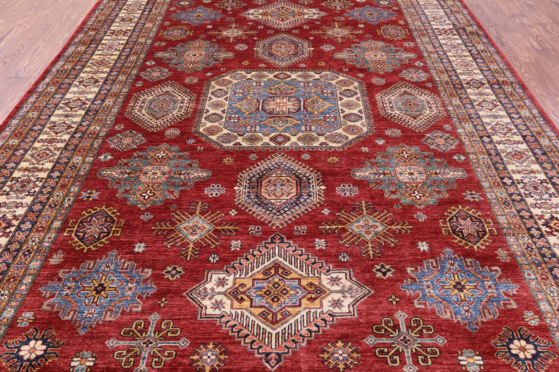 Red Super Kazak Hand Knotted Wool Rug - 8' 10" X 12' 7" - Golden Nile
