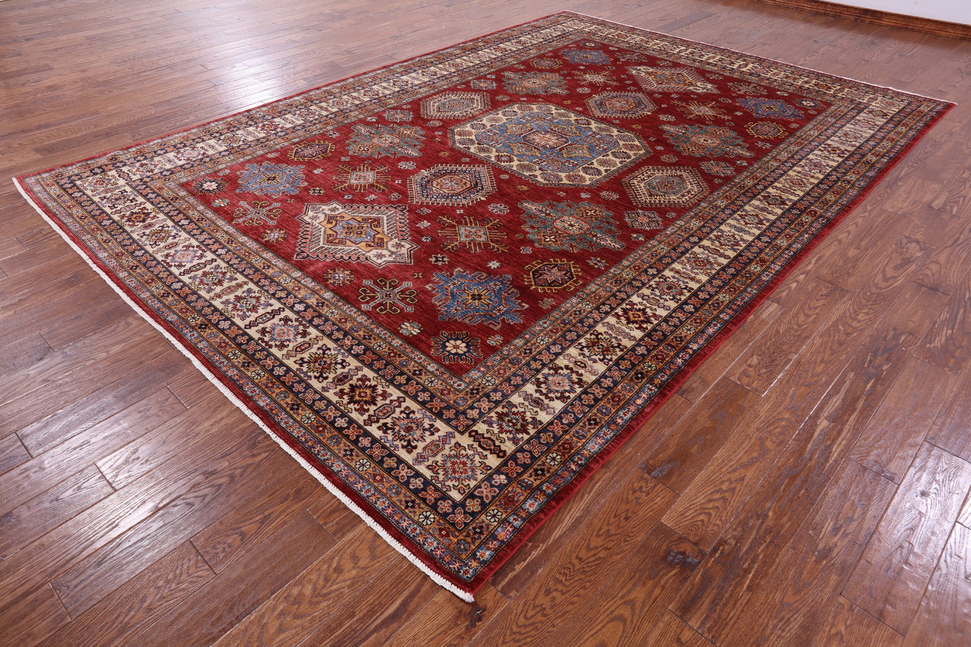Red Super Kazak Hand Knotted Wool Rug - 8' 10" X 12' 7" - Golden Nile