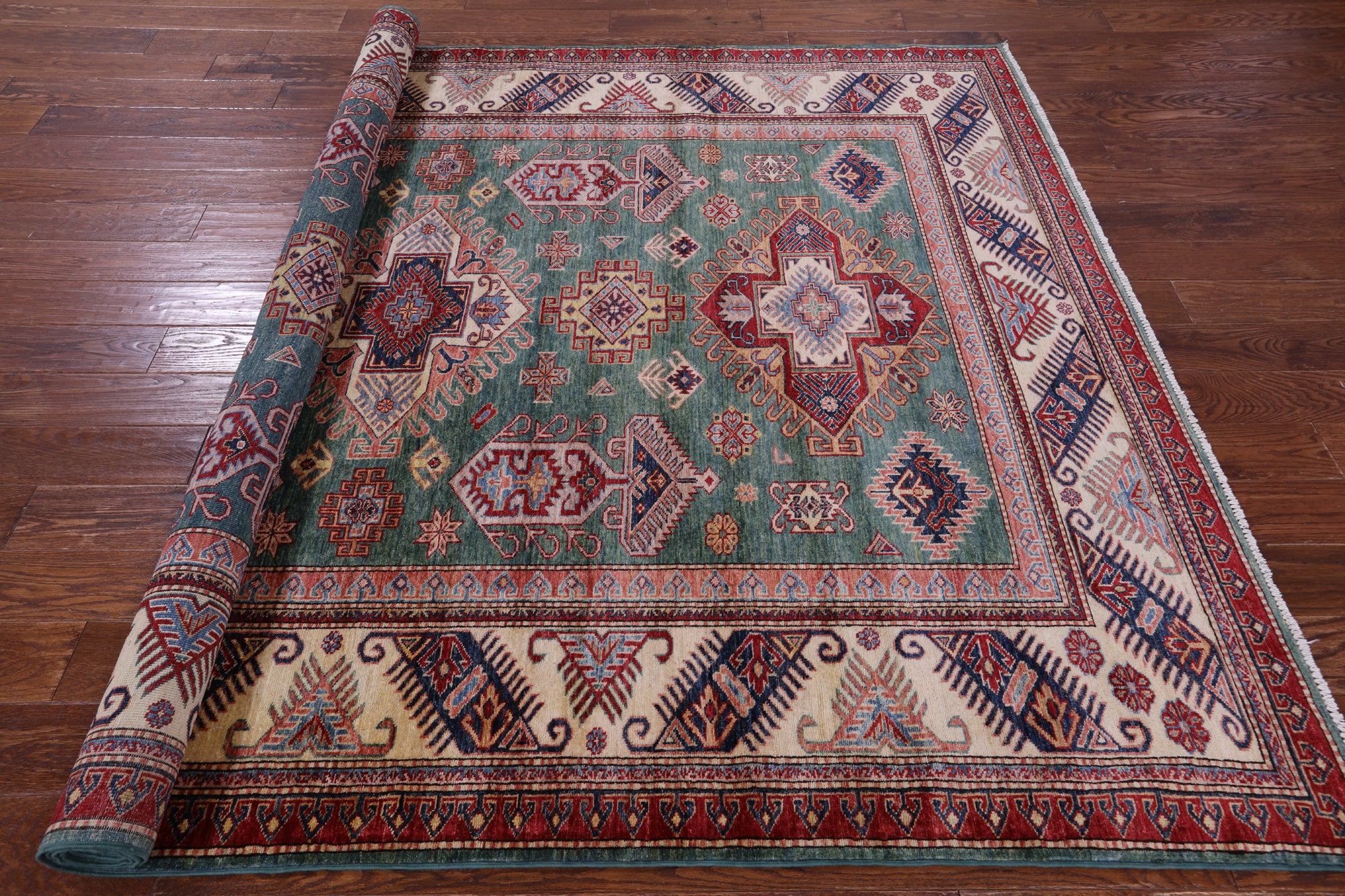 Green Super Kazak Hand Knotted Wool Rug - 6' 9" X 9' 6" - Golden Nile