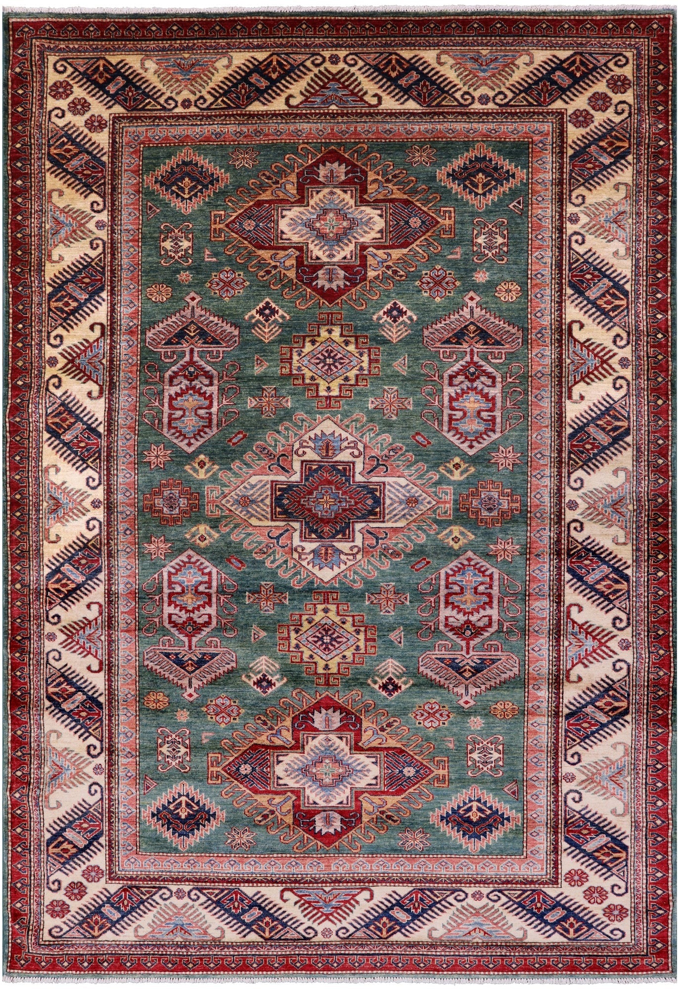 Green Super Kazak Hand Knotted Wool Rug - 6' 9" X 9' 6" - Golden Nile
