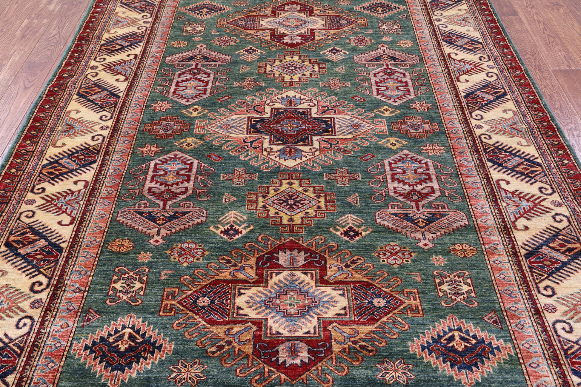Green Super Kazak Hand Knotted Wool Rug - 6' 9" X 9' 6" - Golden Nile