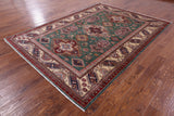 Green Super Kazak Hand Knotted Wool Rug - 6' 9" X 9' 6" - Golden Nile