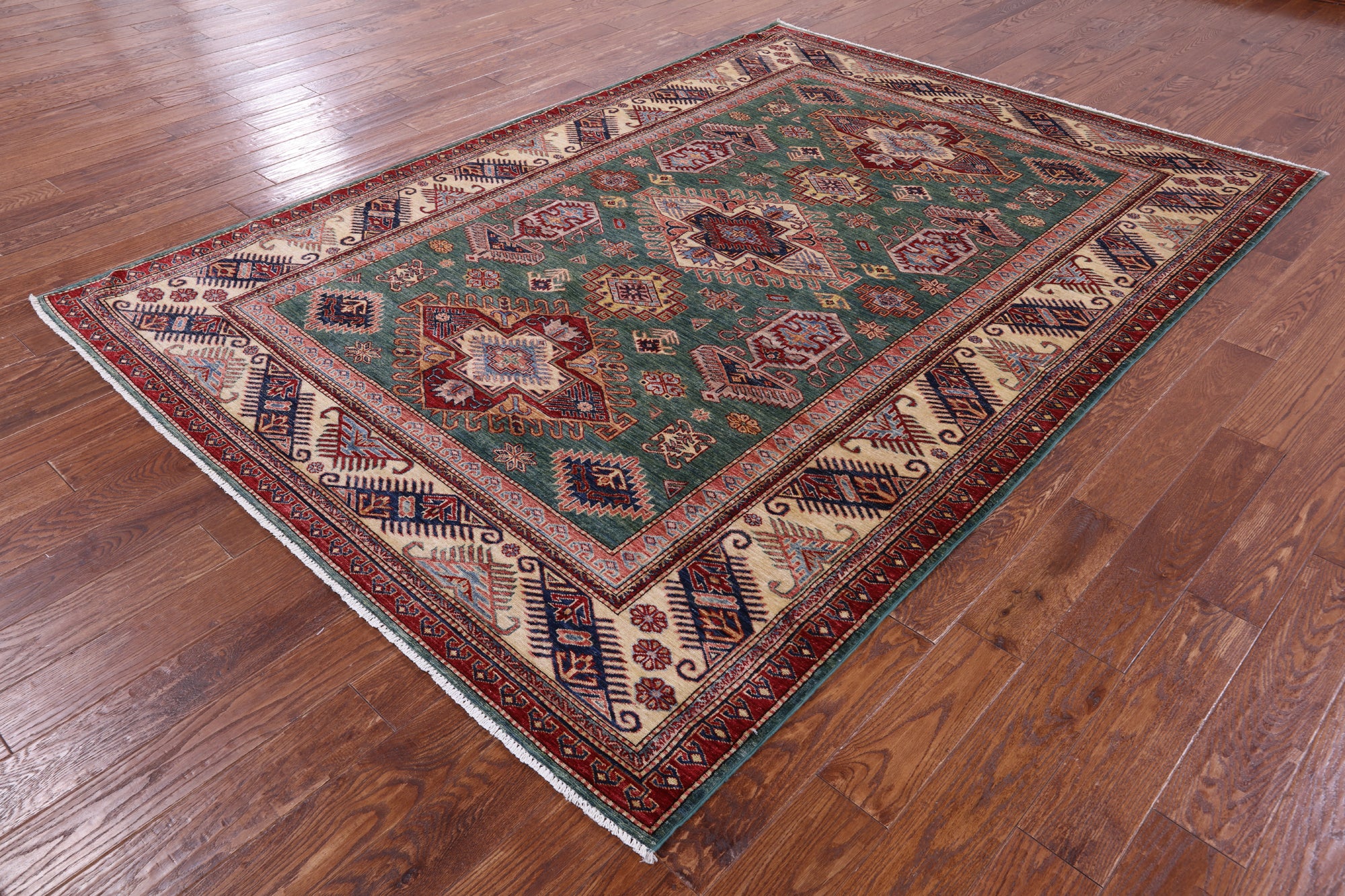 Green Super Kazak Hand Knotted Wool Rug - 6' 9" X 9' 6" - Golden Nile