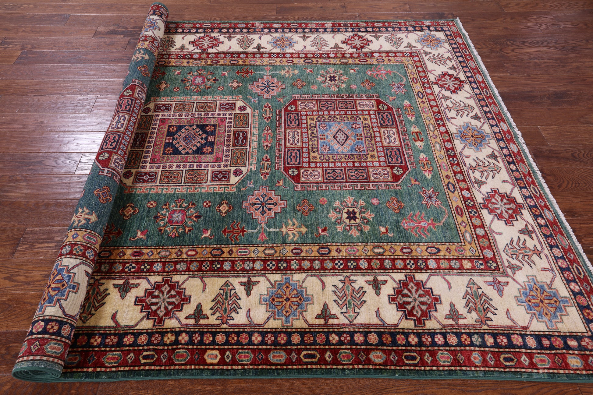 Green Super Kazak Hand Knotted Wool Rug - 6' 6" X 9' 7" - Golden Nile