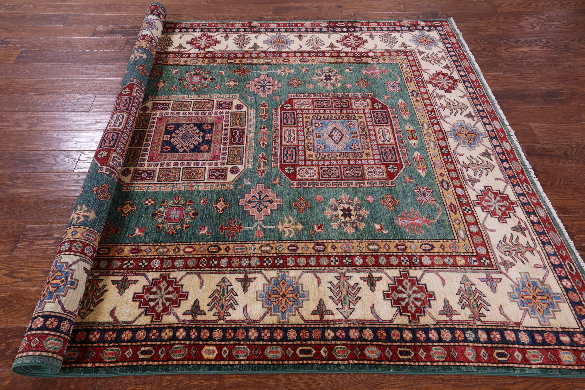 Green Super Kazak Hand Knotted Wool Rug - 6' 6" X 9' 7" - Golden Nile