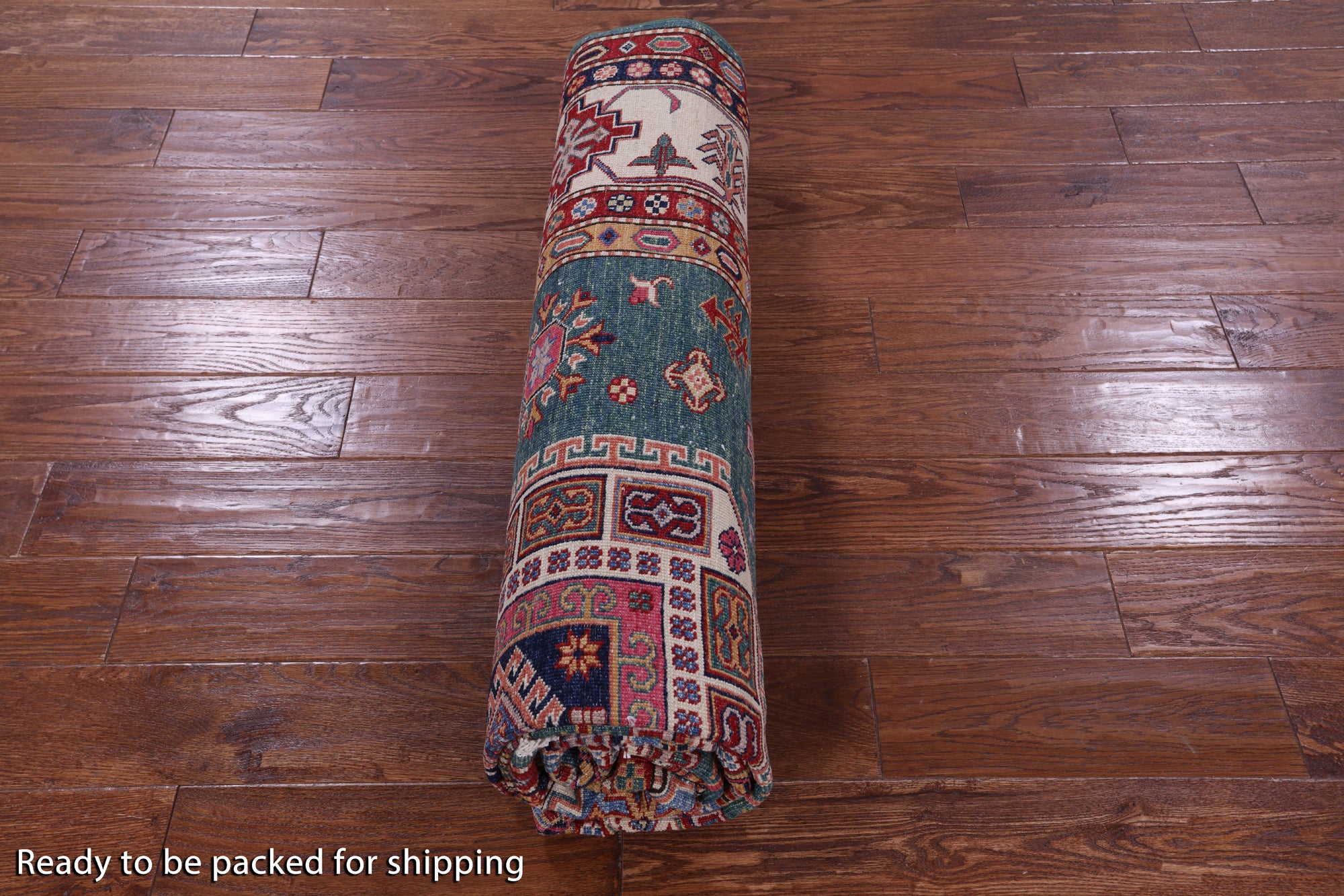 Green Super Kazak Hand Knotted Wool Rug - 6' 6" X 9' 7" - Golden Nile