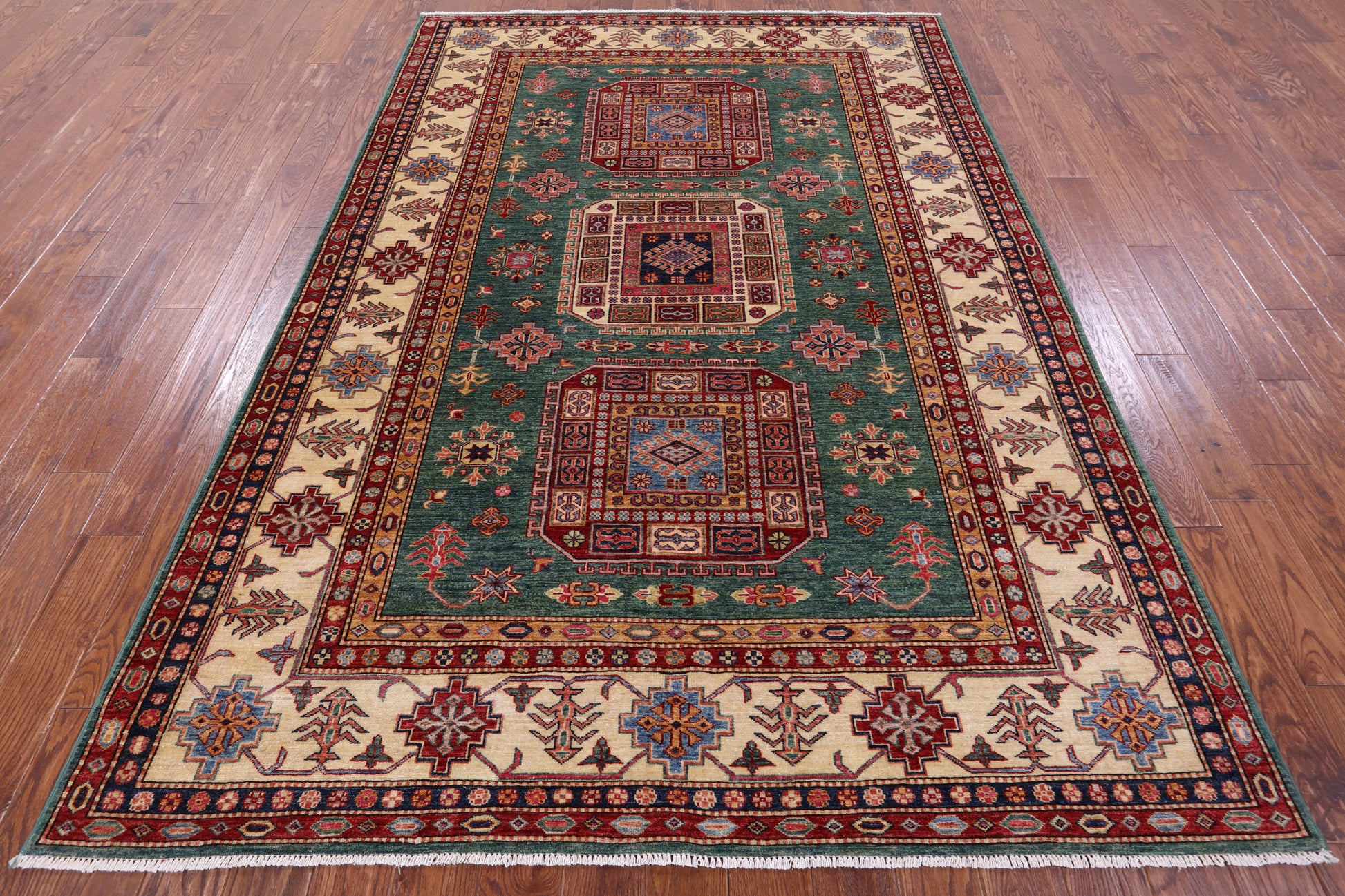 Green Super Kazak Hand Knotted Wool Rug - 6' 6" X 9' 7" - Golden Nile