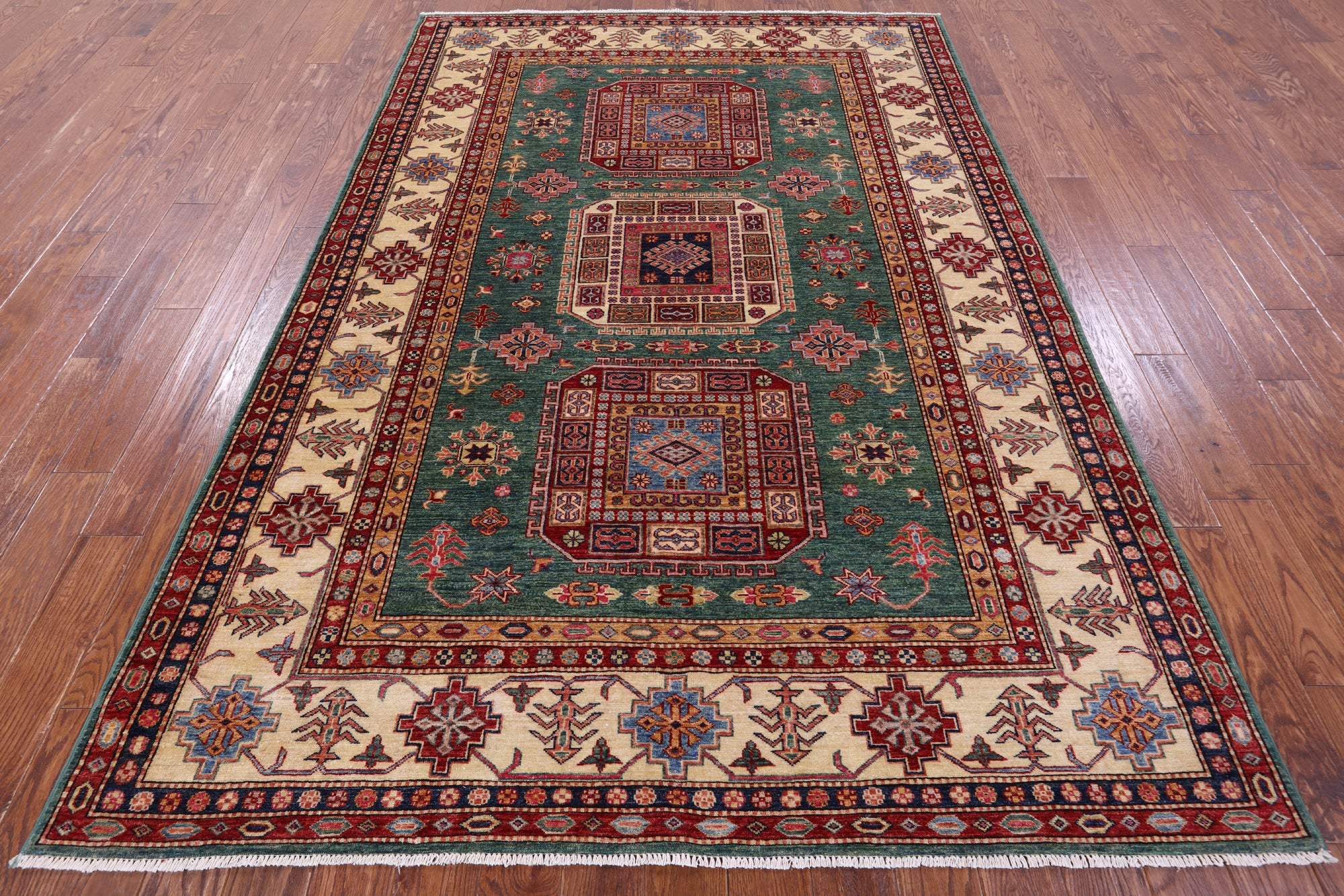 Green Super Kazak Hand Knotted Wool Rug - 6' 6" X 9' 7" - Golden Nile