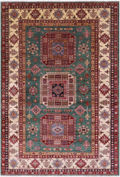 Green Super Kazak Hand Knotted Wool Rug - 6' 6" X 9' 7" - Golden Nile